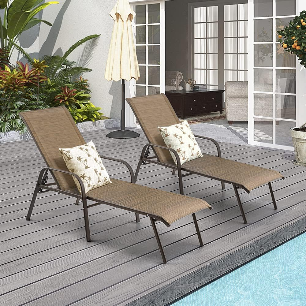Crestlive Products Set of 2 Aluminum Patio Chaise Lounge Chairs Outdoor Recliners, Brown