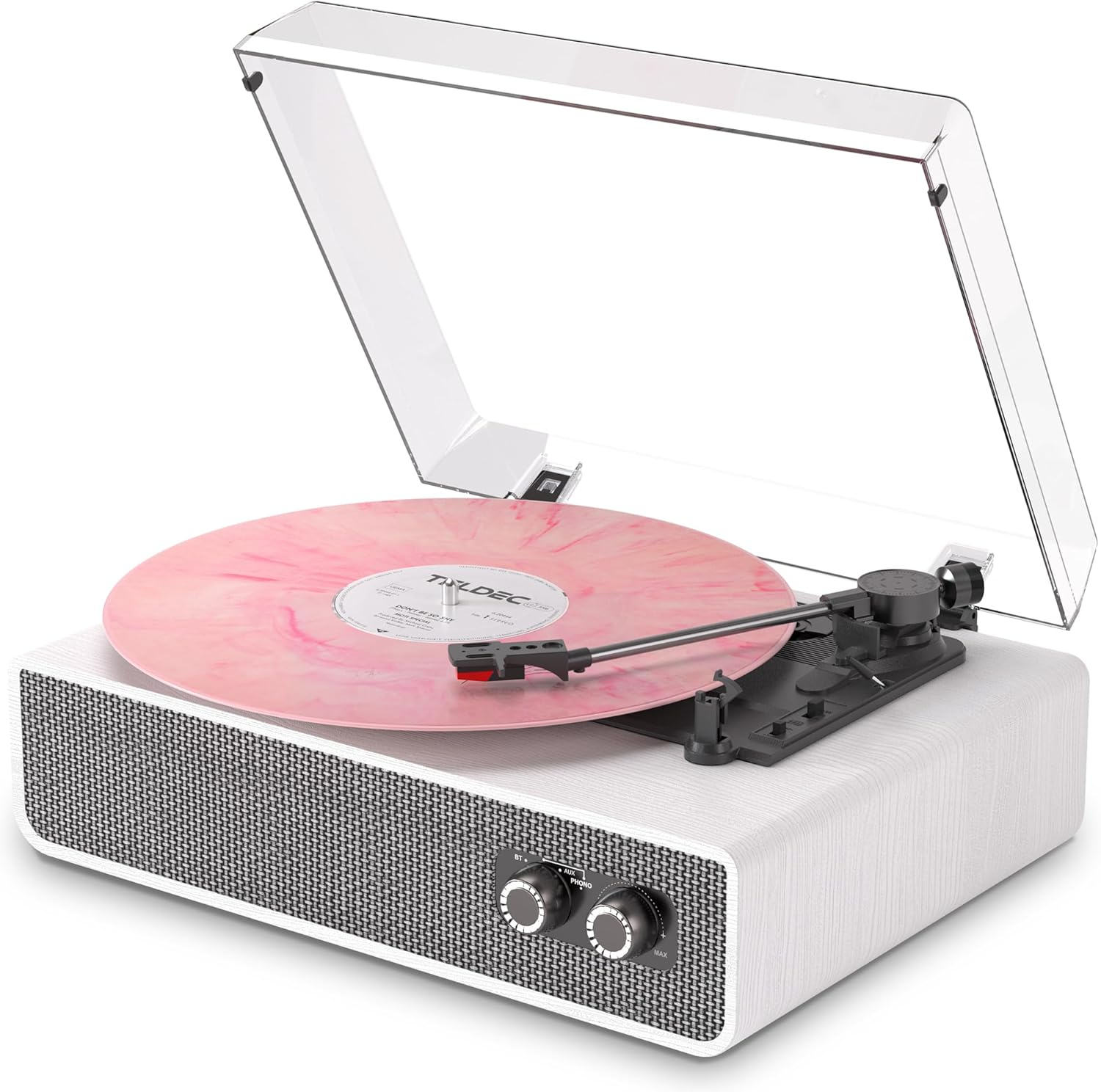 Vinyl Record Player with Upgraded Built-in Speakers, 3-Speed Belt-Driven Bluetooth Turntable for Vinyl Records, White Wood Grain Vintage Phonograph with RCA Out & AUX in, Auto Stop, MDF Cabinet