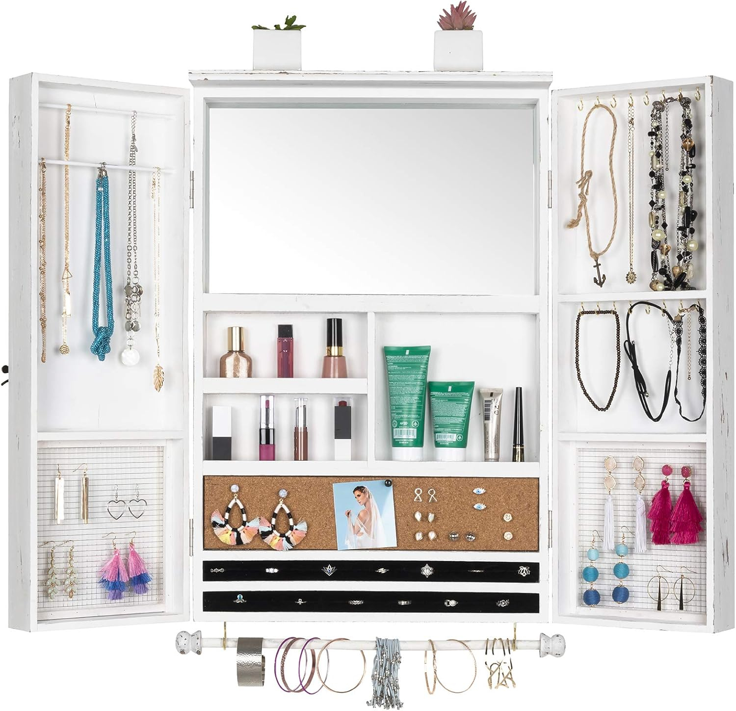 Excello Global Products Large Rustic Wall Mounted Jewelry Organizer with Barndoor Decor Jewelry holder for Necklaces, Earings, Bracelets, Ring Holder, and Accessories. Includes - White  EGP-HD-0283-OS