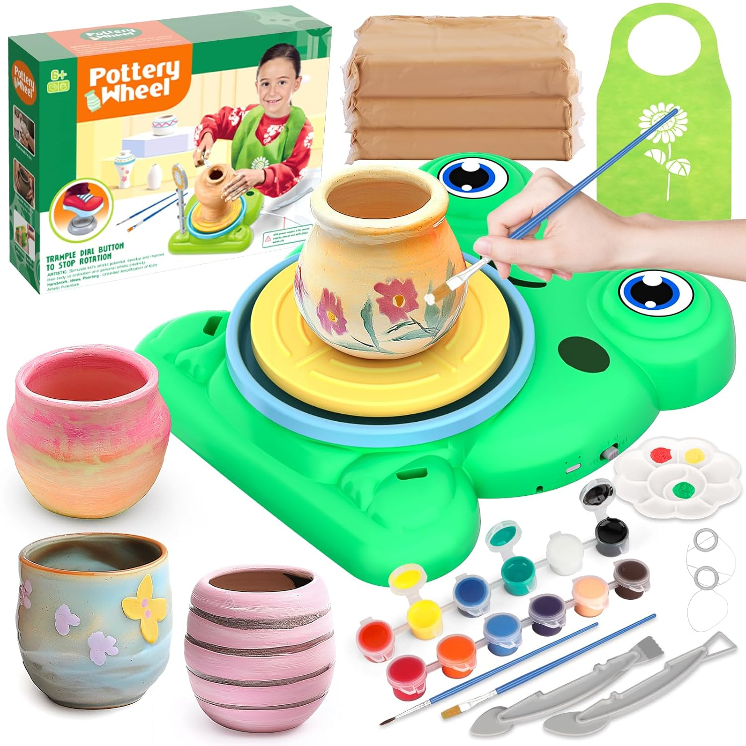 Pottery Wheel for Kids - Complete Pottery Painting Kit Arts and Crafts for Kids Ages 8-12 with 3 Pack Air Dry Clay Art Supplies Toys for Girls Boy Birthday Gift for 6 7 8 9 10 11 12+