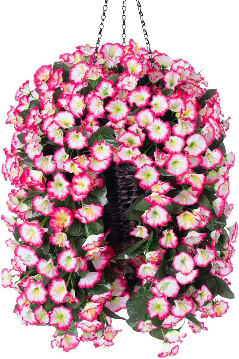 Artificial Hanging Flowers in Basket Fake Plant for Outside, Silk Pink Morning Glory Flower Arrangement for Outdoor Decor, UV Resistant Realistic Floral Planter for Porch Patio Balcony