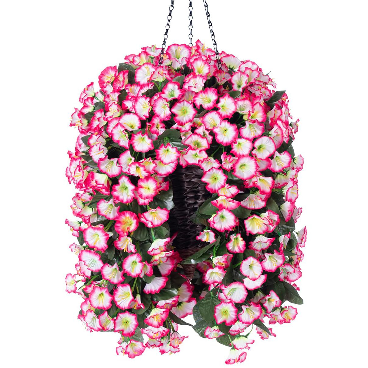 Artificial Hanging Flowers in Basket Fake Plant for Outside, Silk Pink Morning Glory Flower Arrangement for Outdoor Decor, UV Resistant Realistic Floral Planter for Porch Patio Balcony