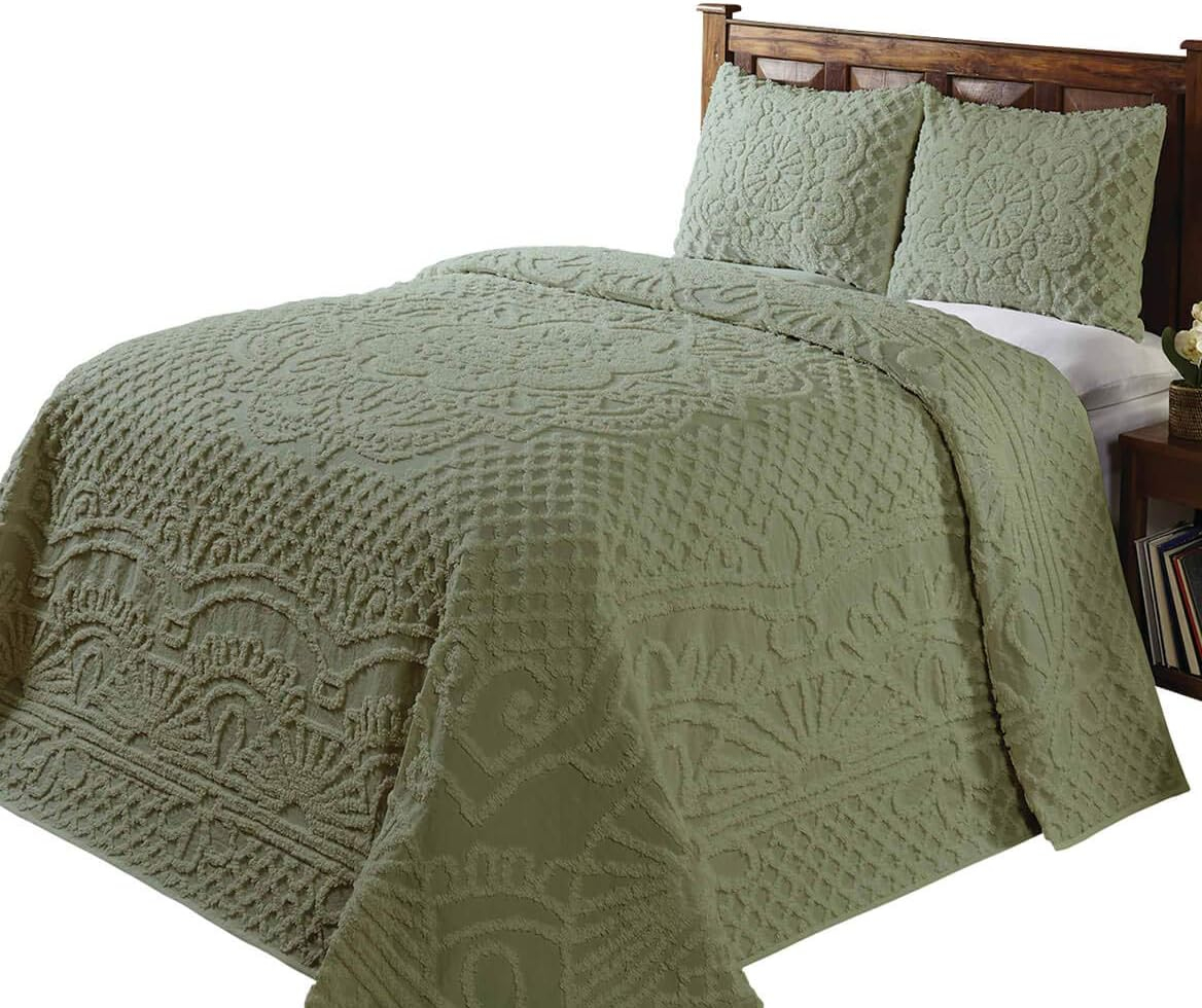 Better Trends 3 Piece Bedspread Set 100% Chenille Queen Bedding Set Soft and Breathable Machine Washable (Sage) Trevor Collection