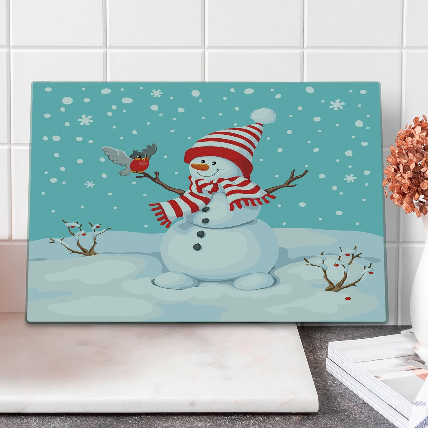 Christmas Cutting Board, Xmas Traditional Winter Season Theme Fir Twigs and Vibrant Balls Graphic Print, Decorative Tempered Glass Cutting and Serving Board, Large Size, Red Green, by Ambesonne