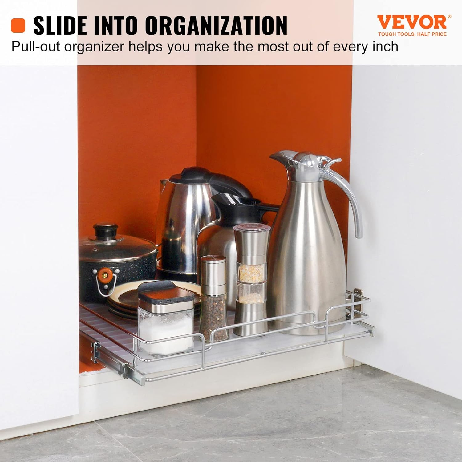 VEVOR 14"W x 21"D Pull Out Cabinet Organizer, Heavy Duty Slide Out Pantry Shelves, Chrome-Plated Steel Roll Out Drawers, Drawer Storage for Home, Inside Cabinet, Bathroom, Under Sink, 15"x22" Install