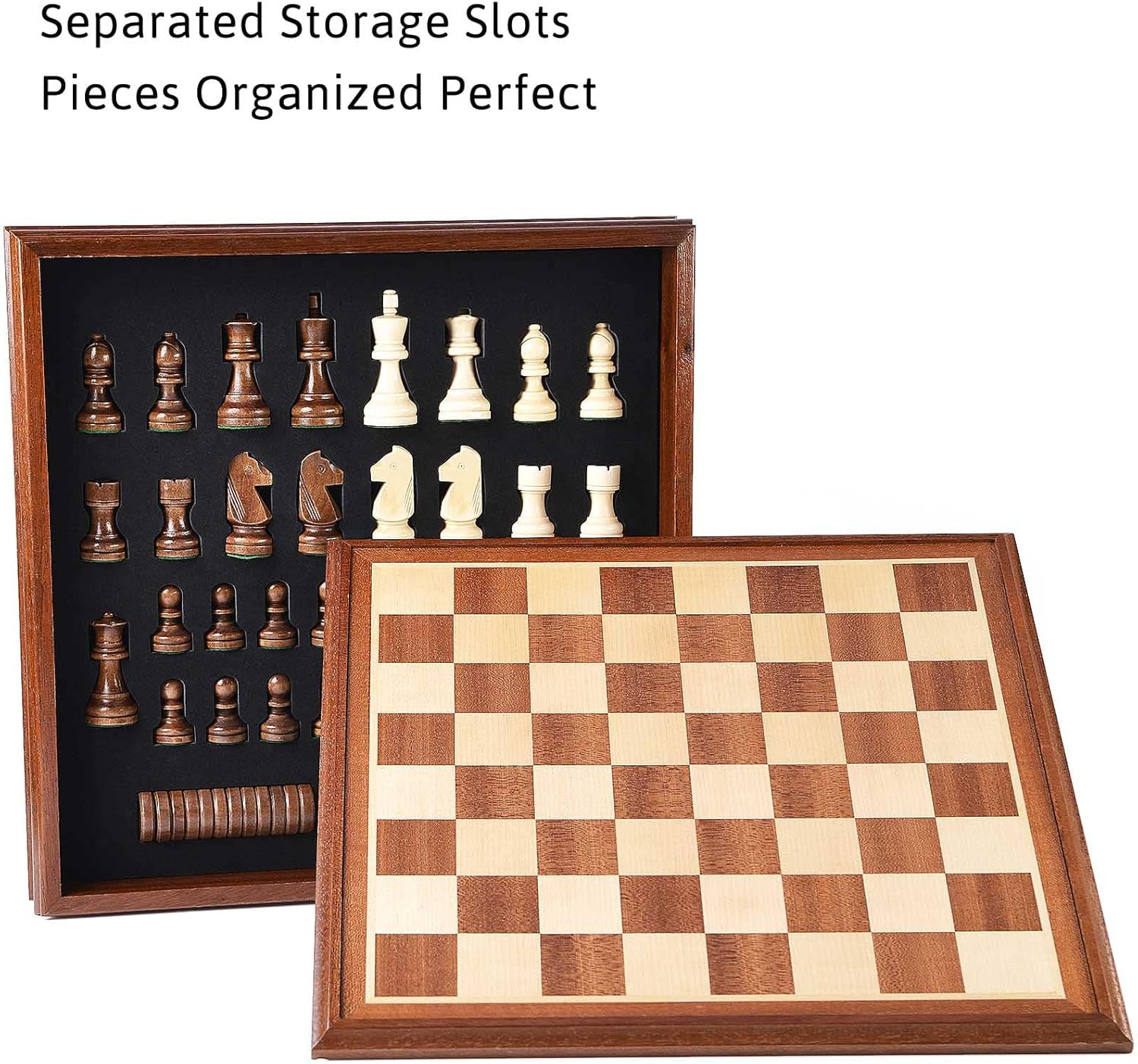 VAMSLOVE Chess and Checkers Board Game Sets for Adults Wooden Deluxe 15 inch Wood Board Box with Storage, Classic 2 in 1 Large Size with Chess Pieces - 3” King Height - 2 Extra Queens