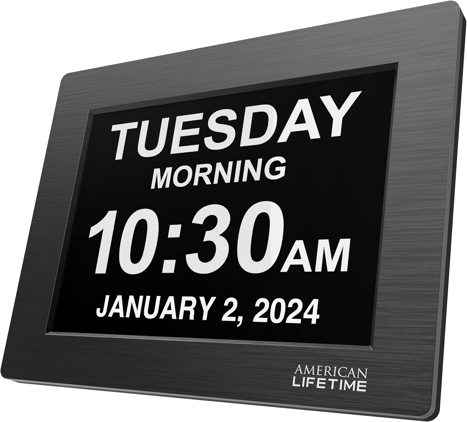 American Lifetime, Premium Version, Day Clock Extra Large Impaired Vision Digital Clock with Battery Backup and 5 Alarm Options, Limited Edition Black Polished Metal Frame