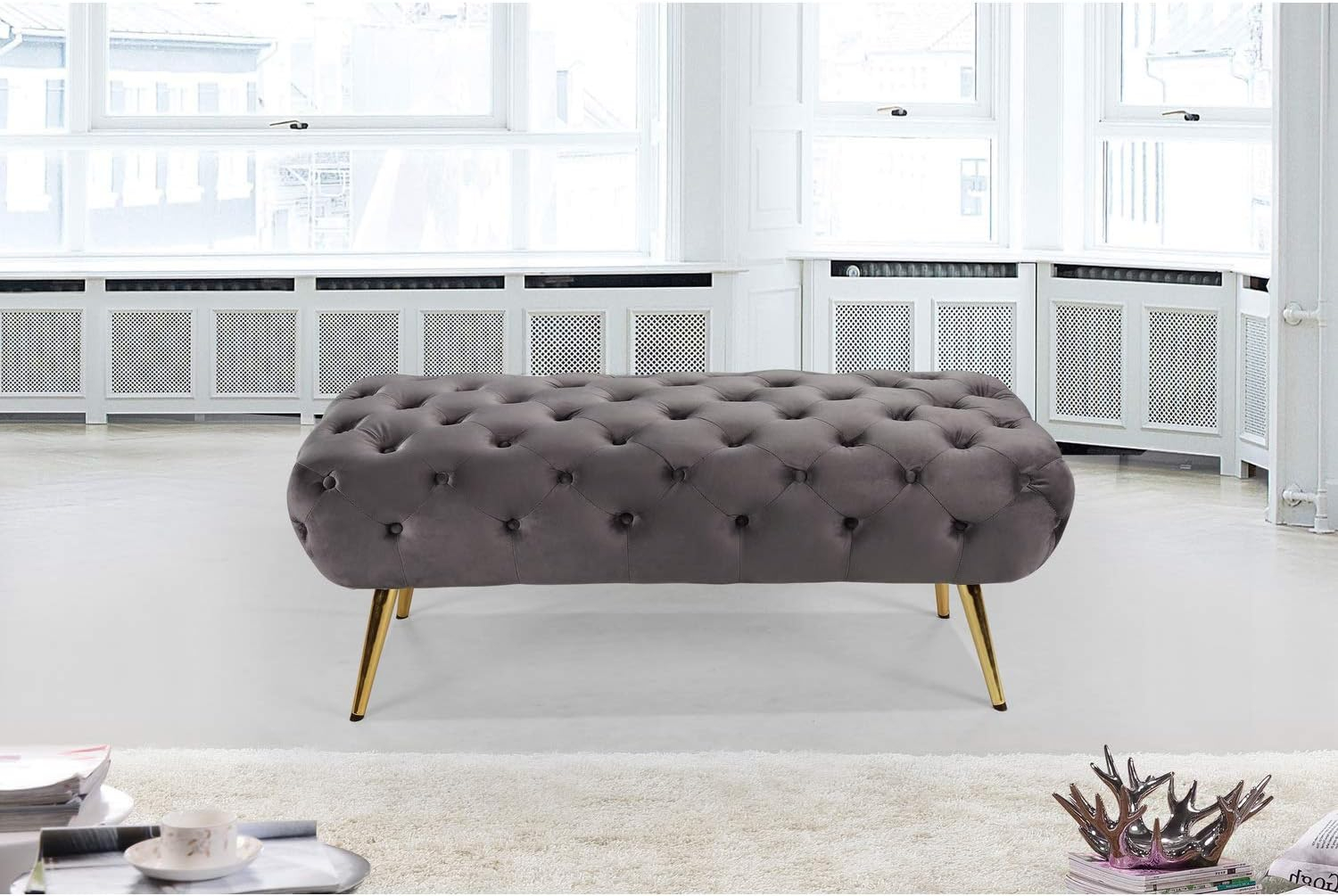 Meridian Furniture Amara Collection Modern | Contemporary Grey Velvet Upholstered Bench with Deep Button Tufting, Stainless Steel Legs with Gold Finish, 48" W x 20.5" D x 19" H,