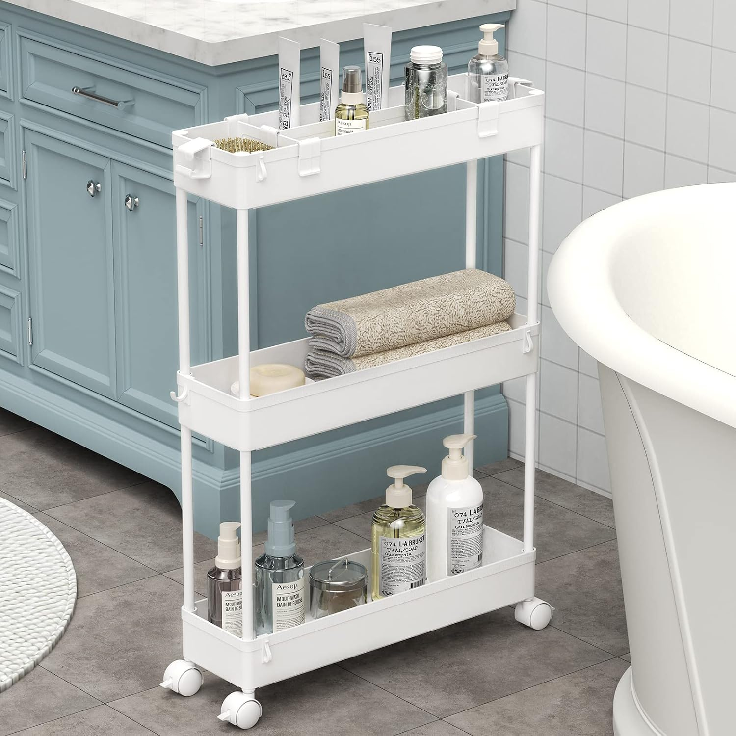 3 Tier Bathroom Rolling Utility Cart Storage, White