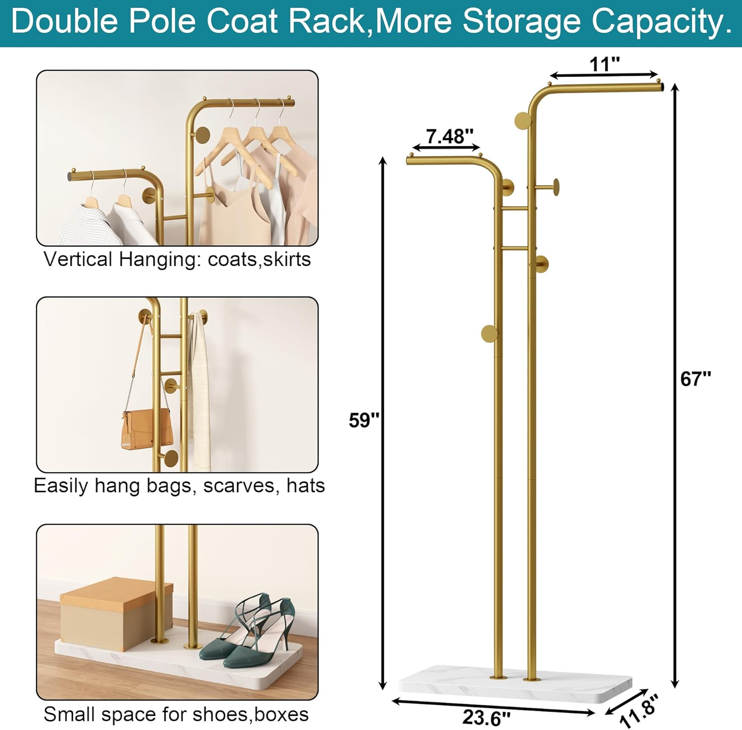 HOMEFORT Coat Rack, Freestanding Metal Coat Racks, Double-pole Clothes Hat Stand with 5 Hooks for Closet, Bedroom, Entryway, Living Room, Gold