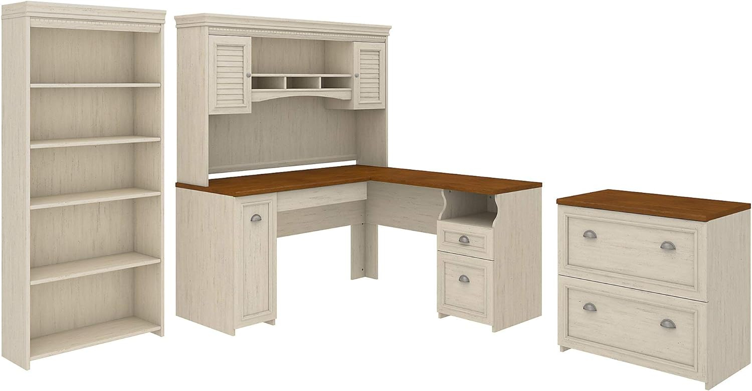 Fairview L Shaped Desk 4 Pc Set with Storage in Antique White - Engineered Wood