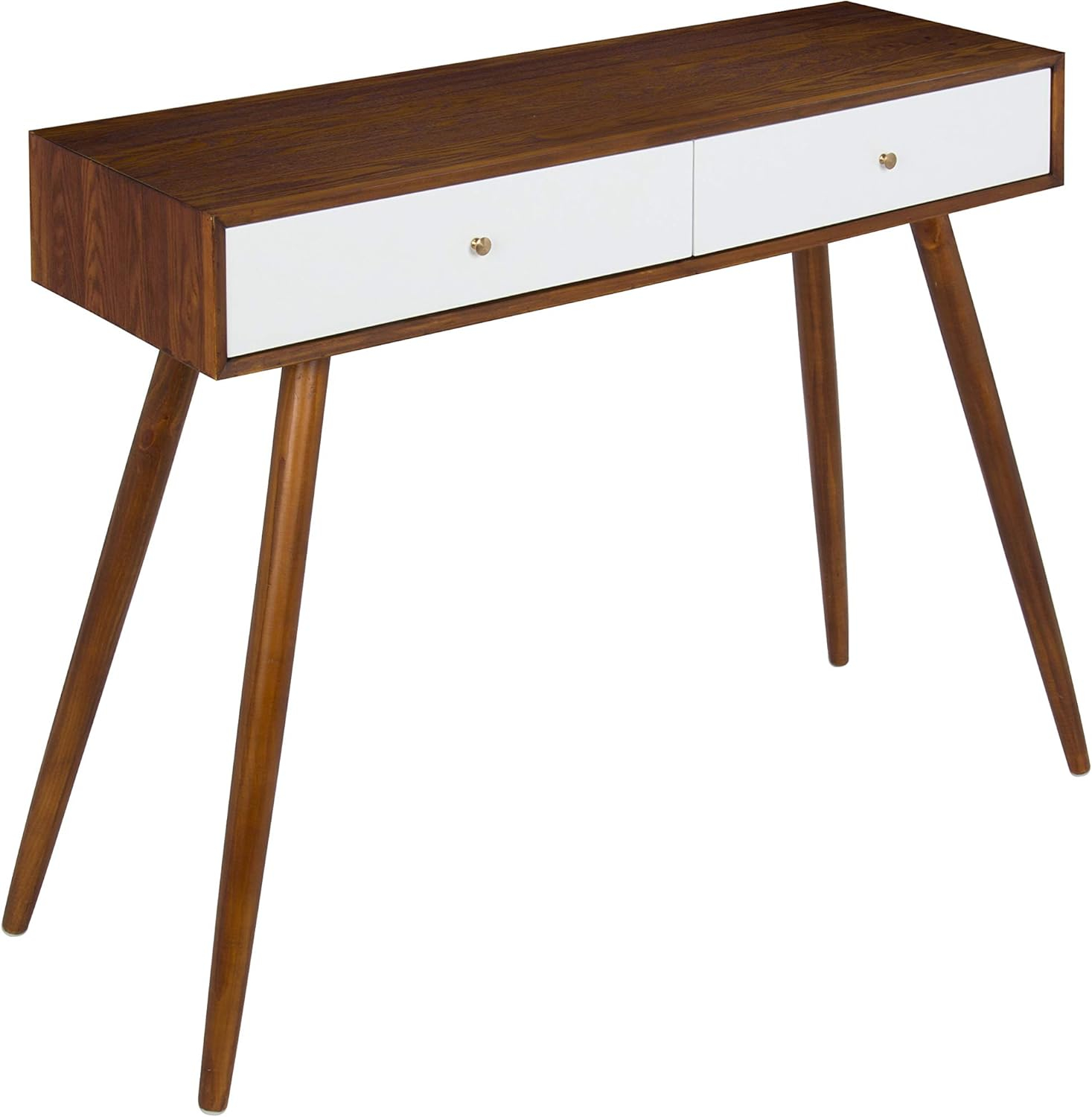 Kate and Laurel Finco Midcentury Modern Style 2 Drawer Console Table, Walnut Brown and White Finish with Brass Hardware