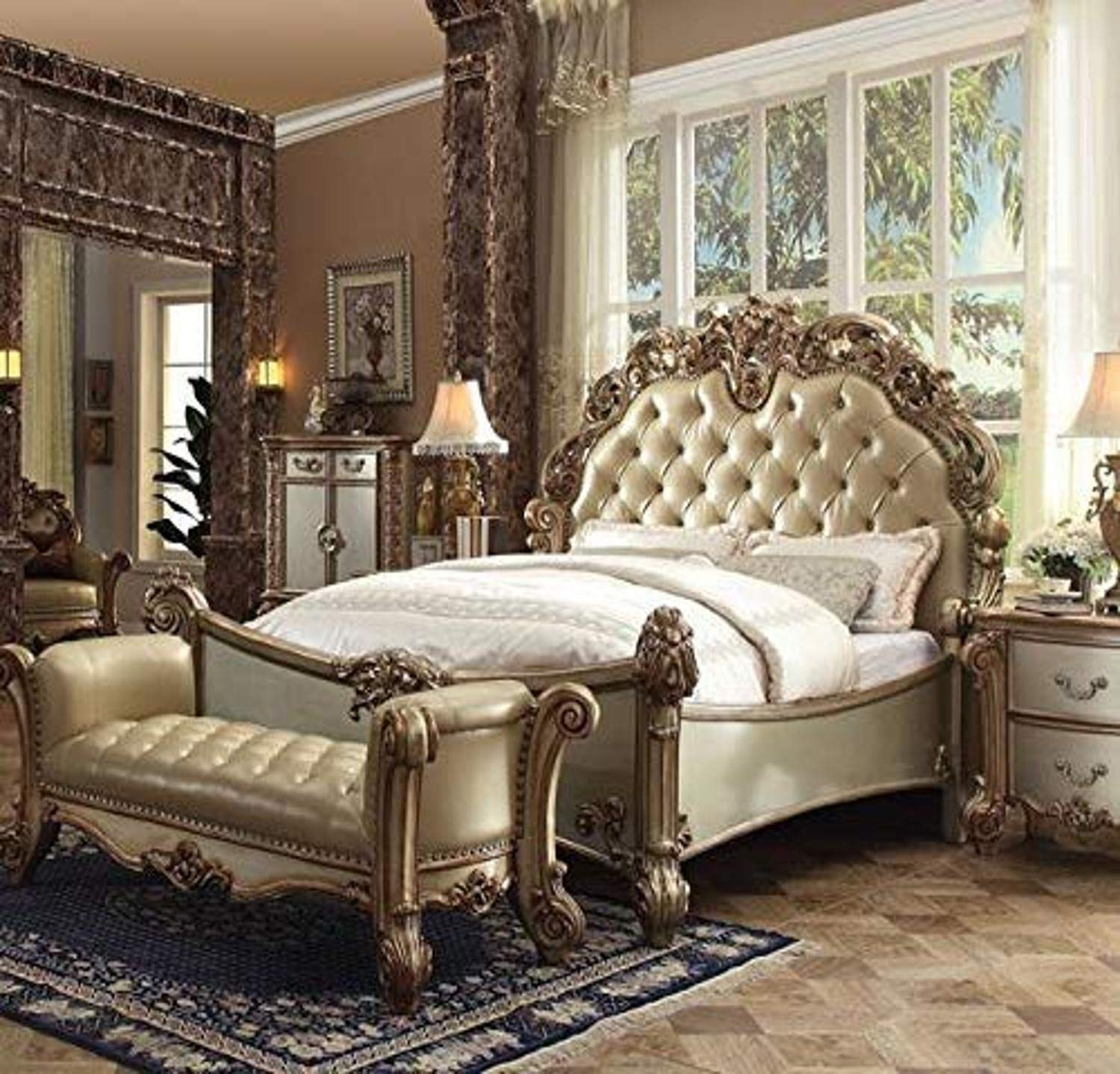 Acme Vendome Cal King Bed, Brass Synthetic Leather & Gold Patina, Wood, Poly Resin, Upholstered