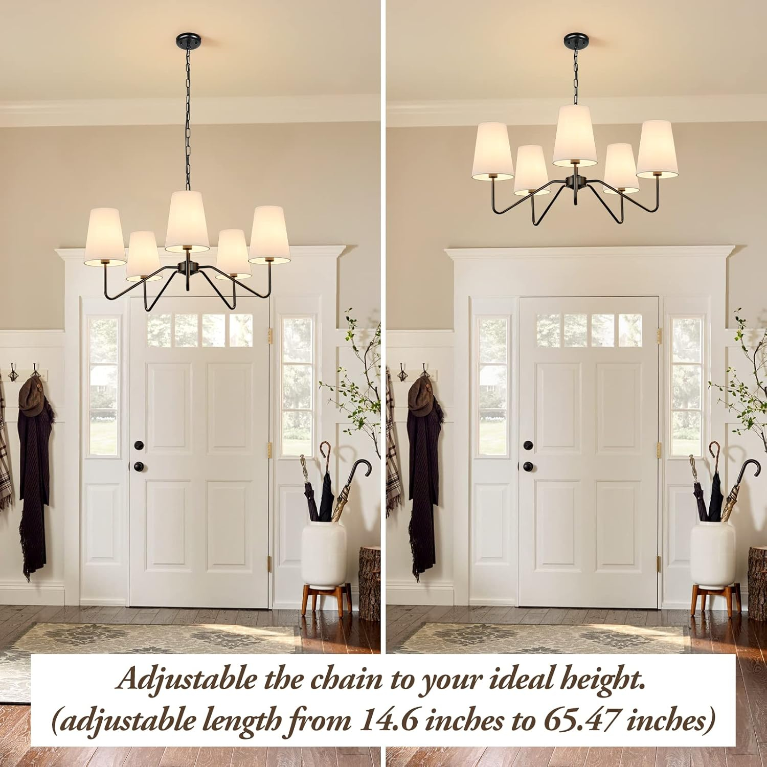 5-Light 30” Modern Chandelier with White Shades, Classic Pendant Ceiling Light Fixture for Dining Room, Black Chandelier with E12 Base Hanging Lamp for Living Room Hallway Bedroom, Height Adjustable