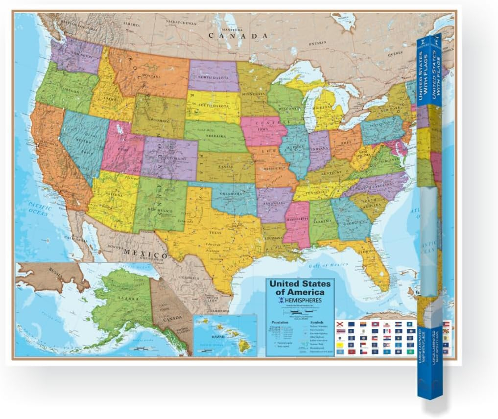 Hemispheres® Blue Ocean Series USA Laminated Wall Map, 38" x 48"
