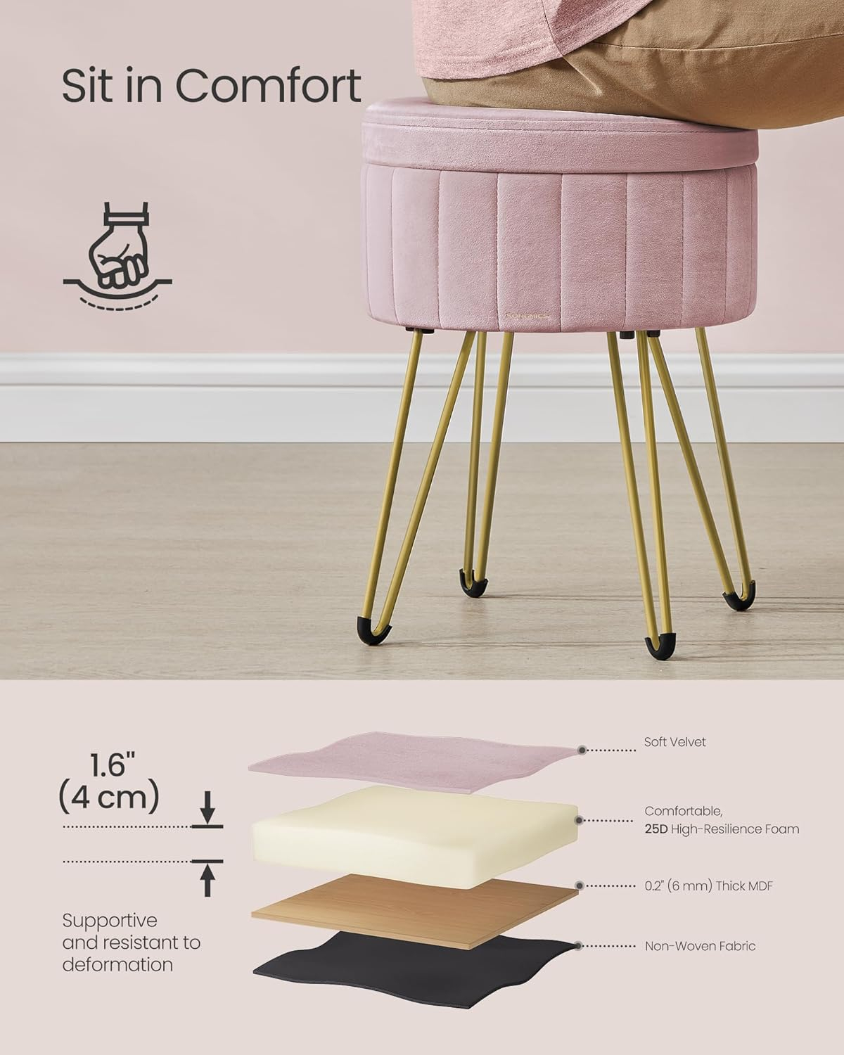 SONGMICS Vanity Stool Chair, Small Ottoman with Storage, Velvet Makeup Stool, 15.4 Dia. x 17.4 H Inches, 4 Metal Legs, for Makeup Room, Living Room, Bedroom, Jelly Pink ULOM003R01
