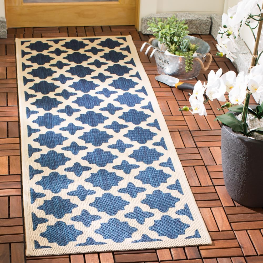 SAFAVIEH Courtyard Amanda Geometric Indoor/Outdoor Runner Rug, Navy/Beige, 2'3" x 12'