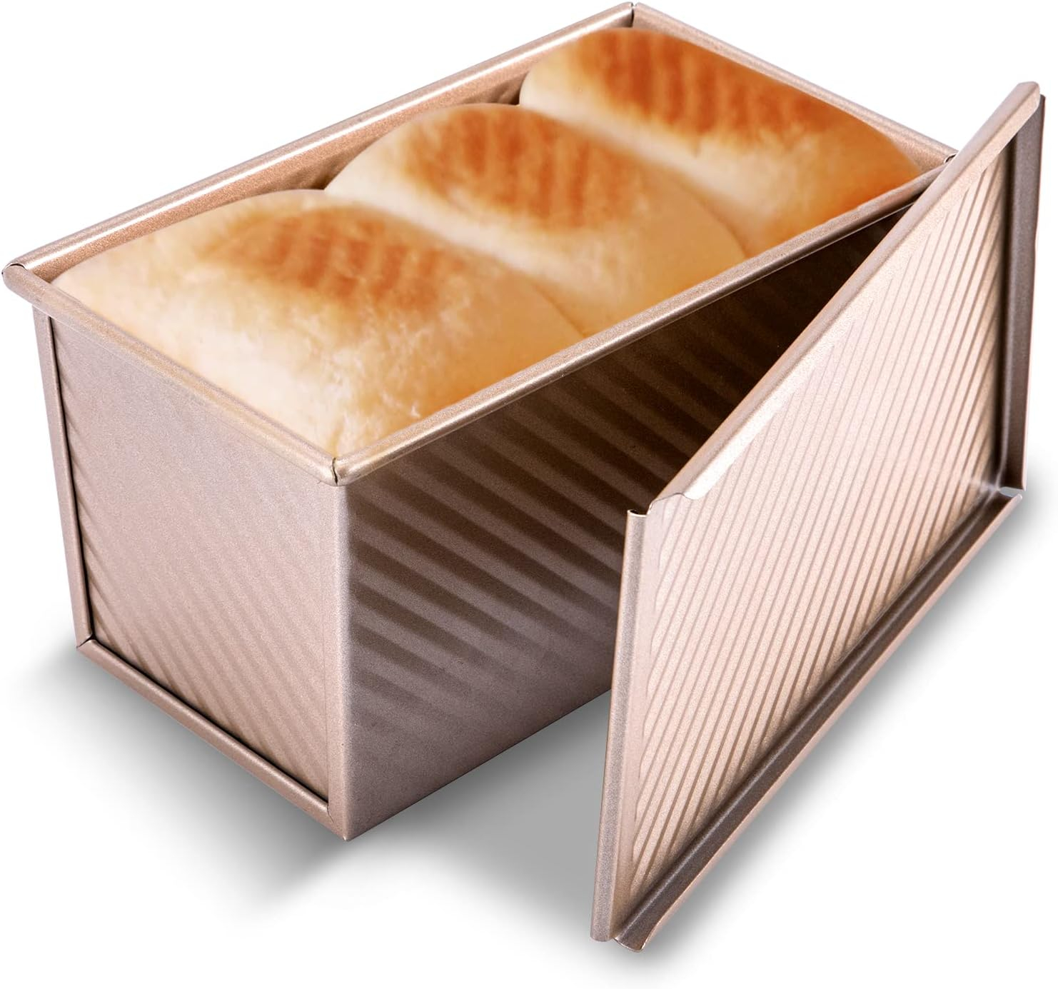 KITESSENSU Pullman Loaf Pan with Lid, 1 lb Dough Capacity Non-Stick Bakeware for Baking Bread, Carbon Steel Corrugated Bread Toast Box Mold with Cover for Baking Bread, Gold