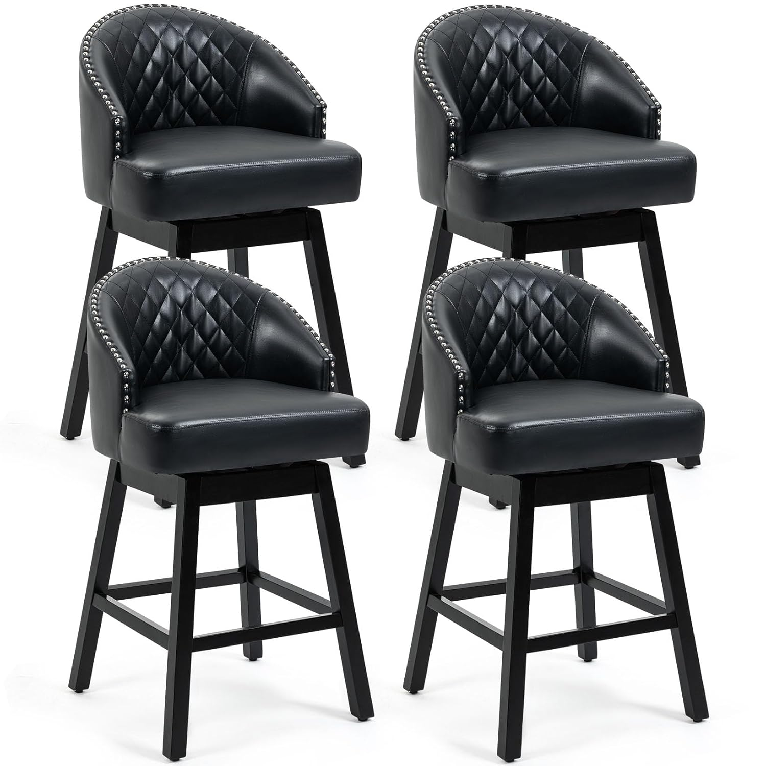 ECOTOUGE Swivel Bar Stools Set of 2, 26" Seat Height Kitchen Stools with Back & Wood Legs, Velvet Upholstered Counter Stools with Pull Ring for Kitchen Island, Dining Room, Pub & Cafe, Black