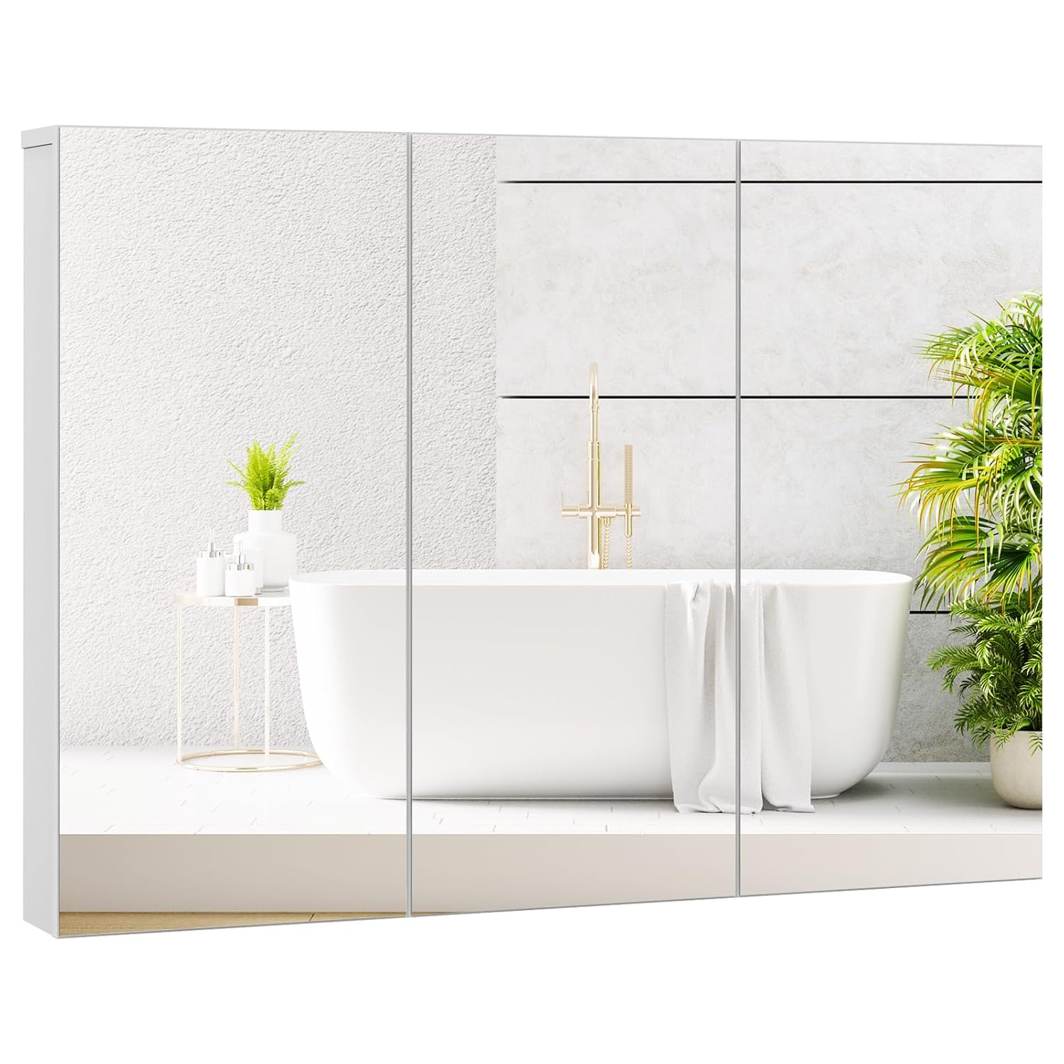 Tangkula Mirrored Medicine Cabinet, Large Wide Wall Mounted Storage Cabinet with 3 Mirror Doors & Adjustable Shelf, Hanging Bathroom Organizer, White, 36 x 4.5 x 25.5 Inches