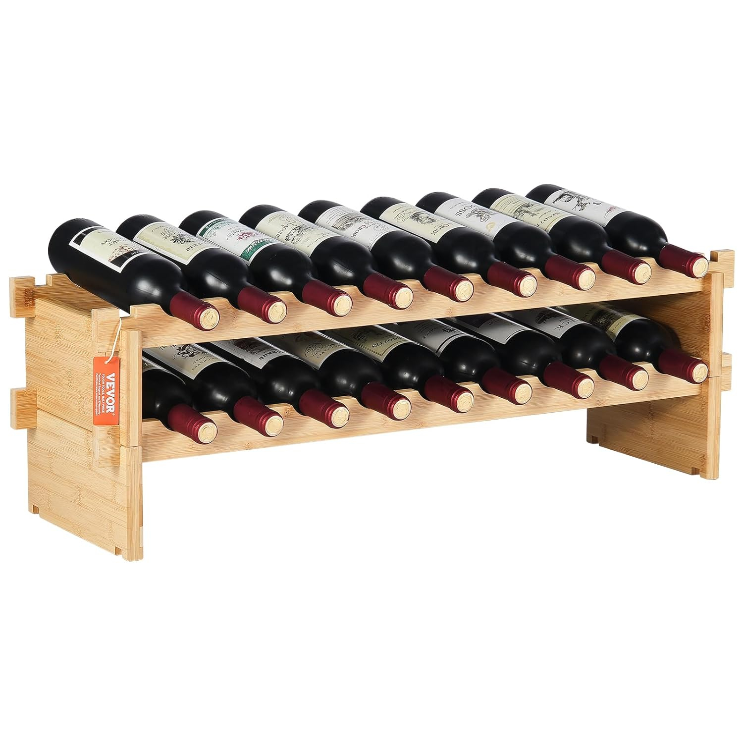 VEVOR 18-Bottle Stackable Modular Wine Rack, 2-Tier Bamboo Wood Display Shelf