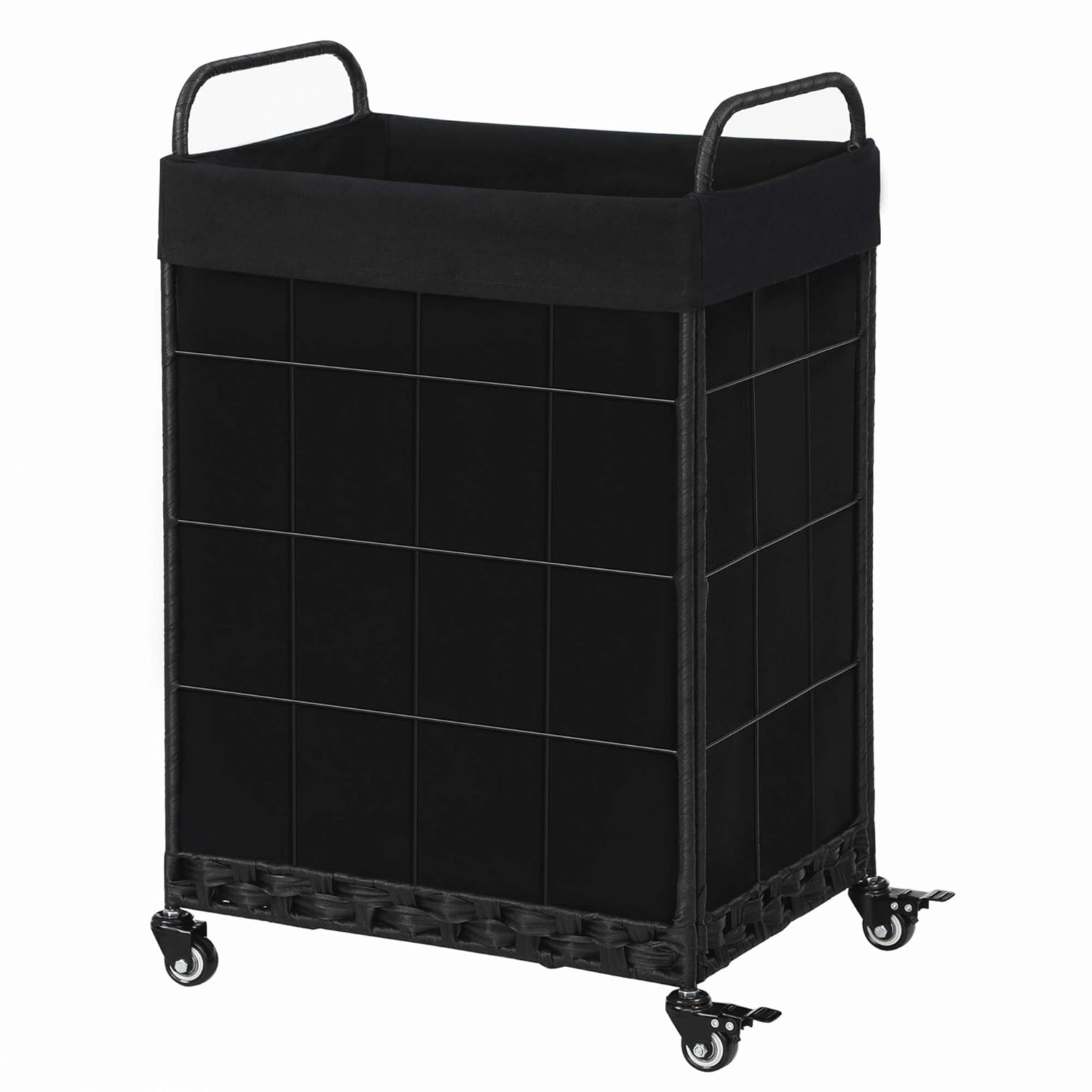 Laundry Hamper with Heavy Duty Rolling Lockable Wheels; Durable Laundry Basket with Detachable Liner Bag; Collapsible Clothes Hamper with Metal Handle (Black)