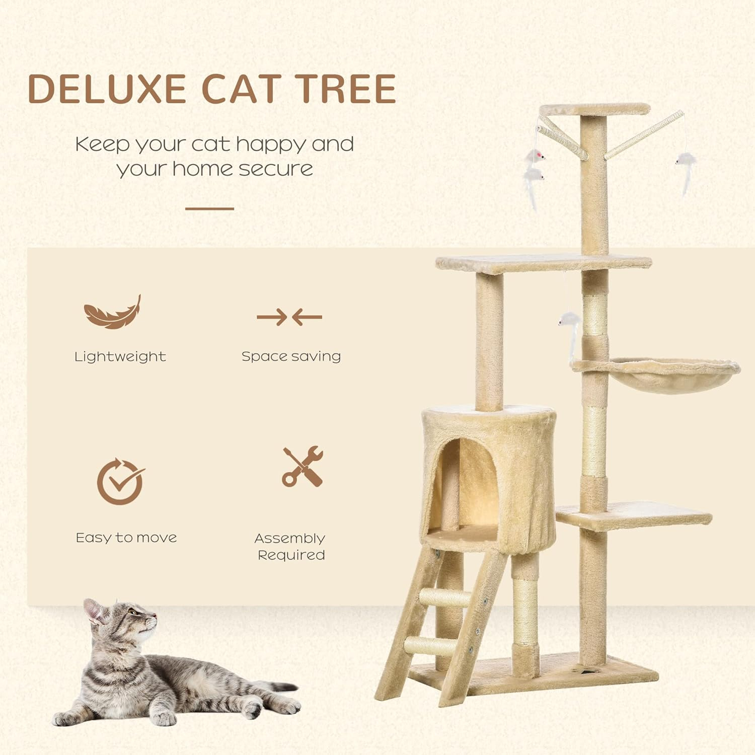 PawHut 53" Plush Sturdy Interactive Cat Condo Tower Scratching Post Activity Tree House - Beige