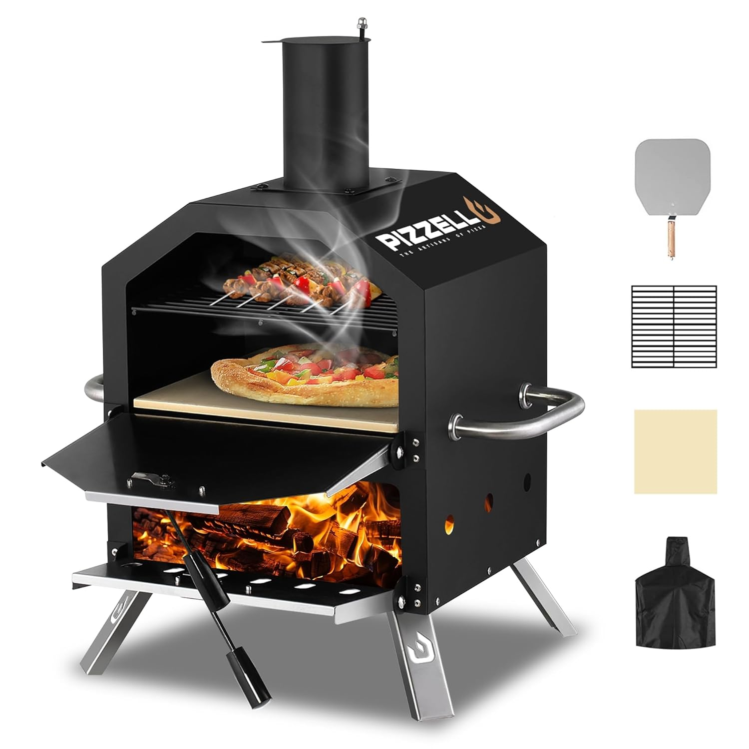 12 in. Outdoor Wood Fired Pizza Oven 2-Layer Pizza Maker Outside Pizza Grill for Backyard Parties, Black