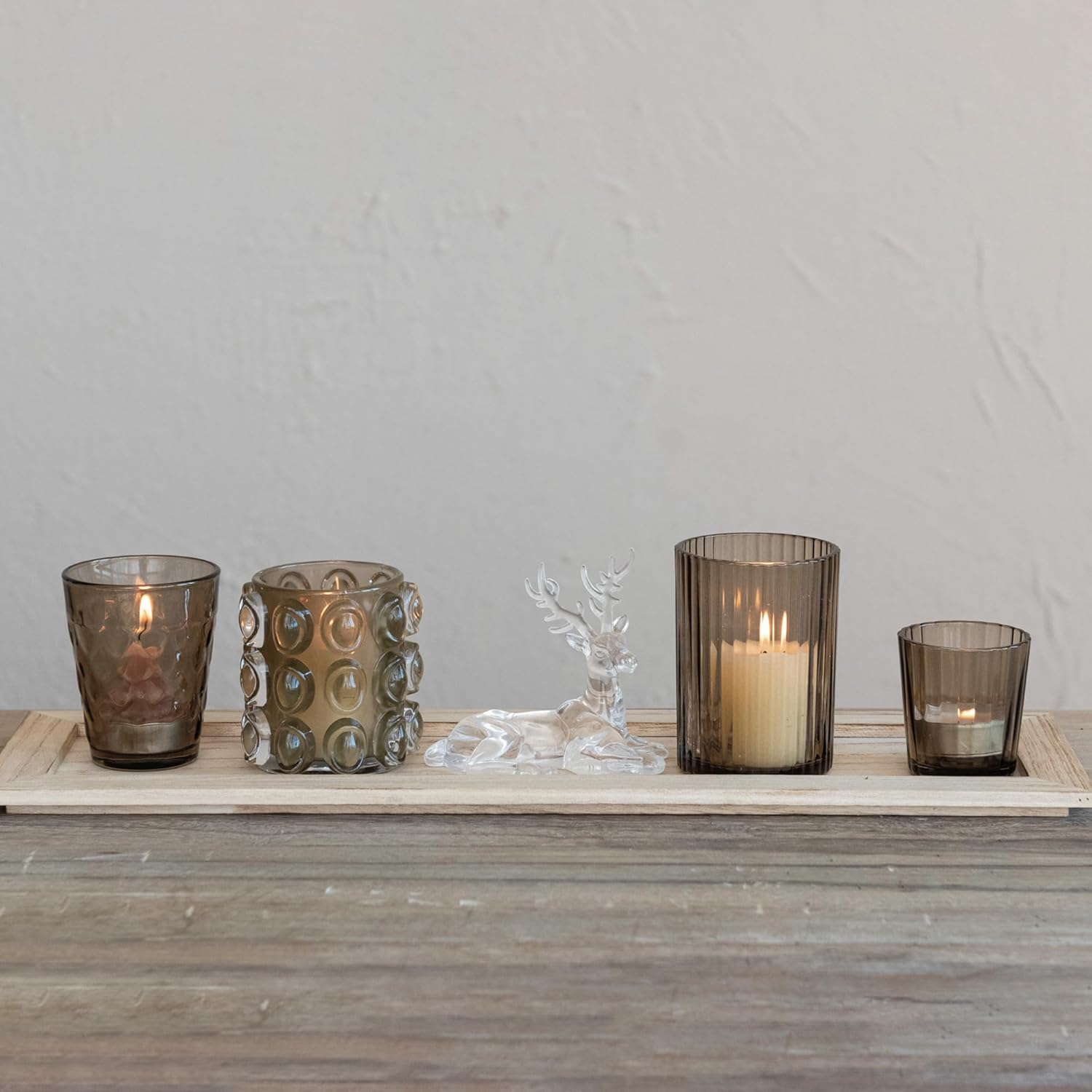 Creative Co-Op Embossed Glass Tealight Candleholders and Plastic Deer on a Wood Tray, Natural, Set of 6