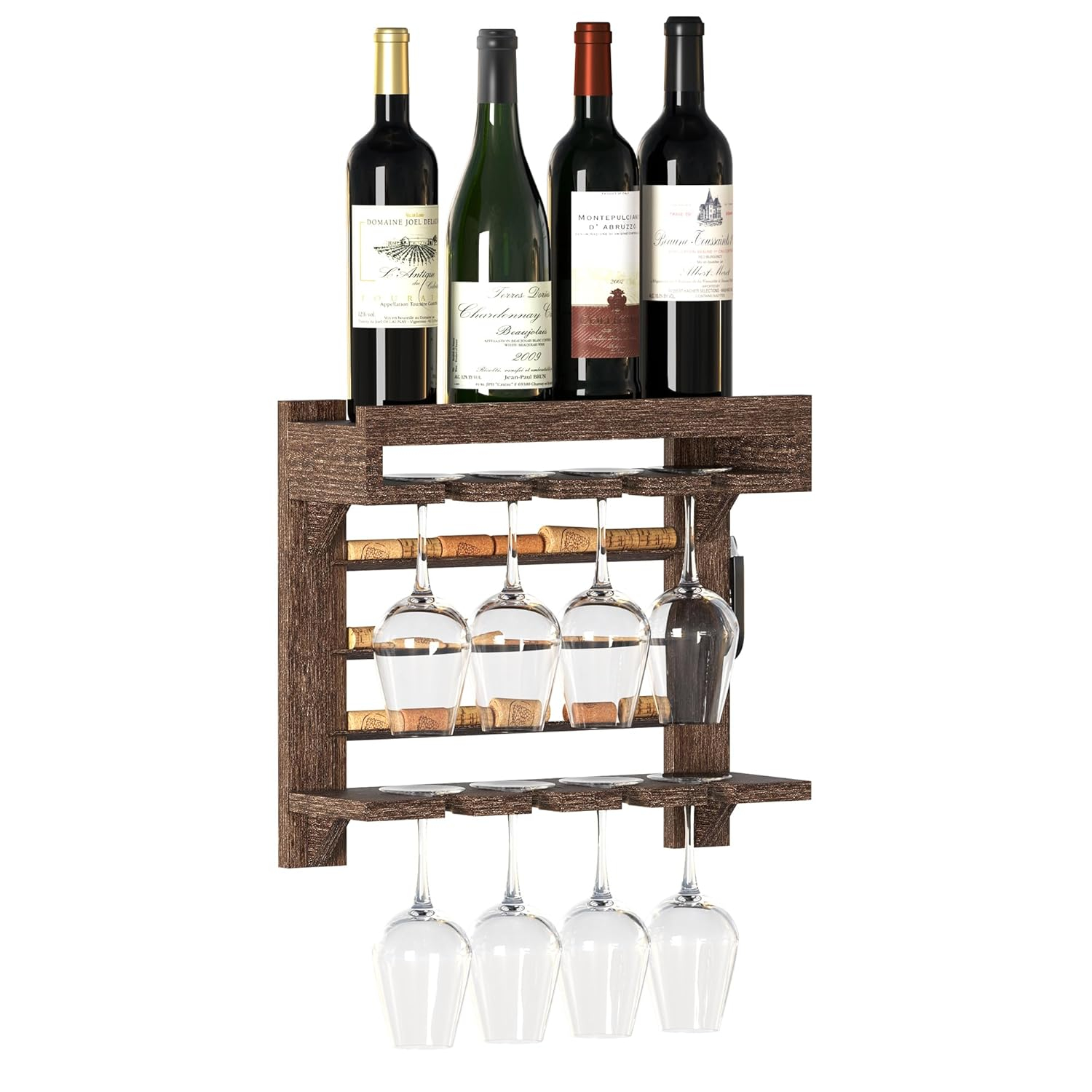 Rustic Dark Wood Wall-Mounted Wine Rack with Stemware Holder