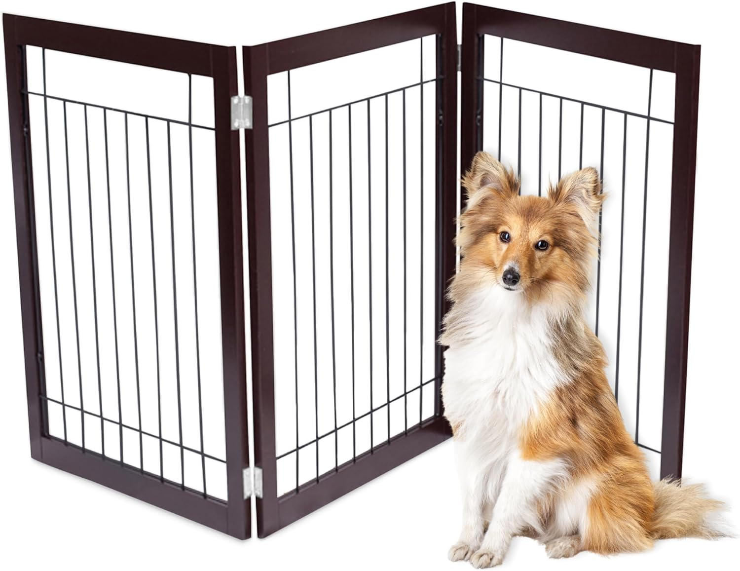 Espresso Freestanding 3-Panel Dog Gate with Wire Mesh
