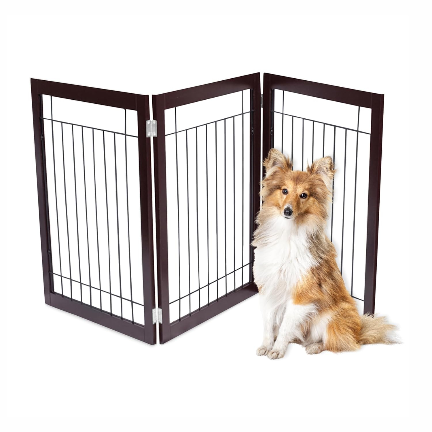 Espresso Freestanding 3-Panel Dog Gate with Wire Mesh