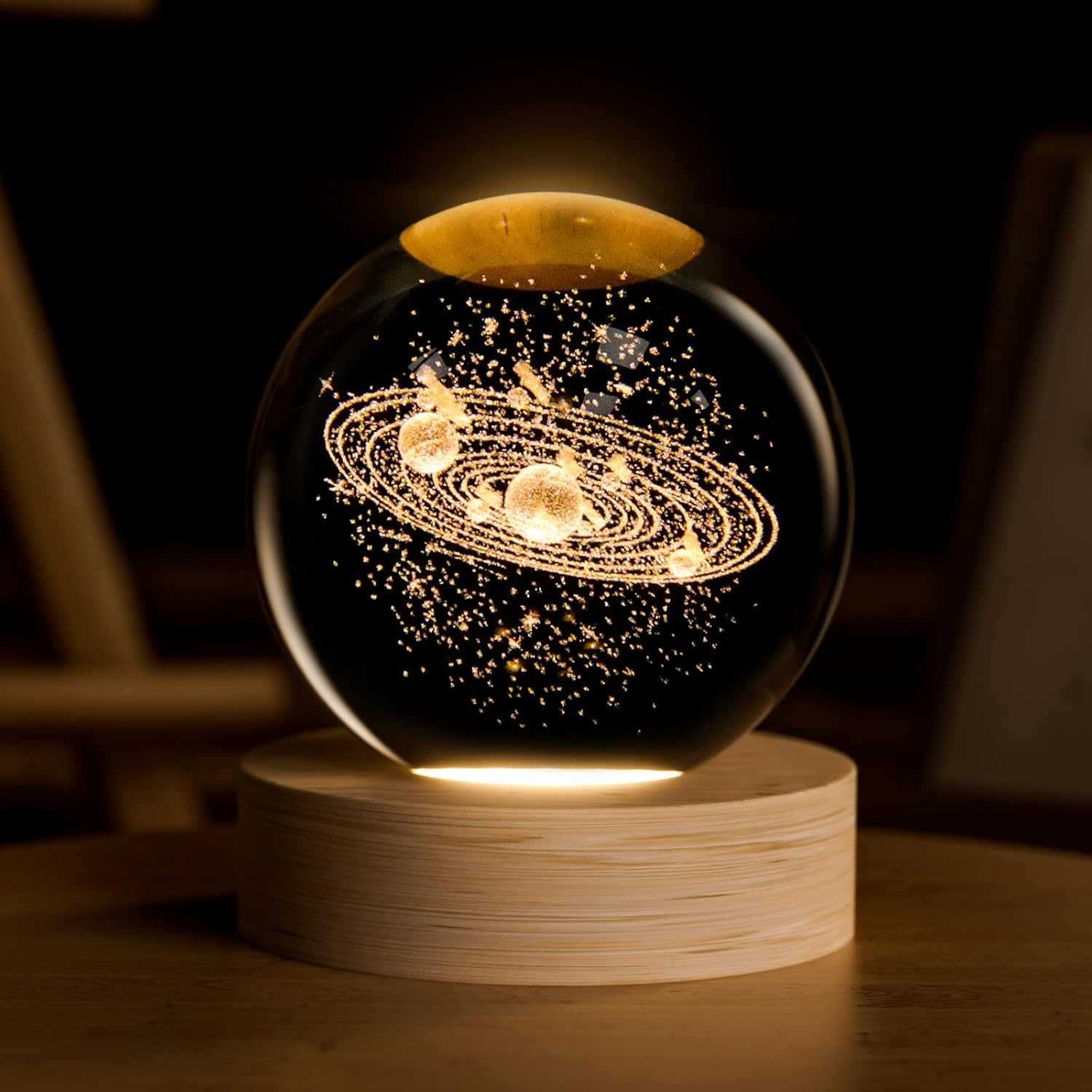 Saturn Crystal Ball, 2.4 inch Decorative Quartz Glass Ball Sphere with Wooden Base, Paperweight Display Sculpture Home Decor Gifts for Women Friends Girls
