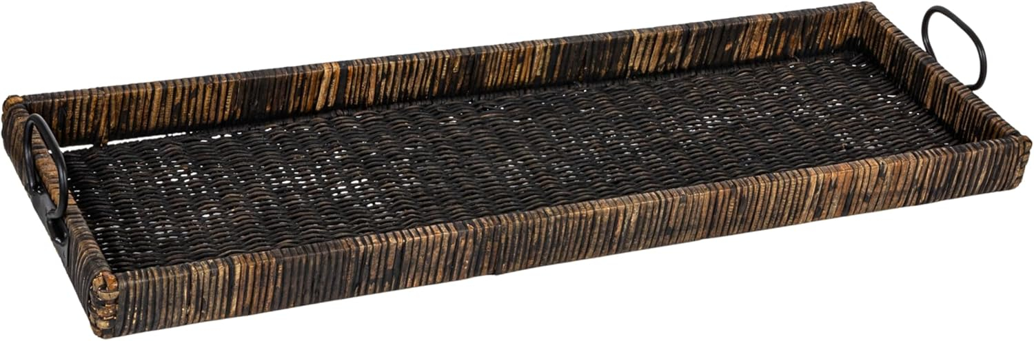 3R Studios Black Rattan and Wood Tray with Handles