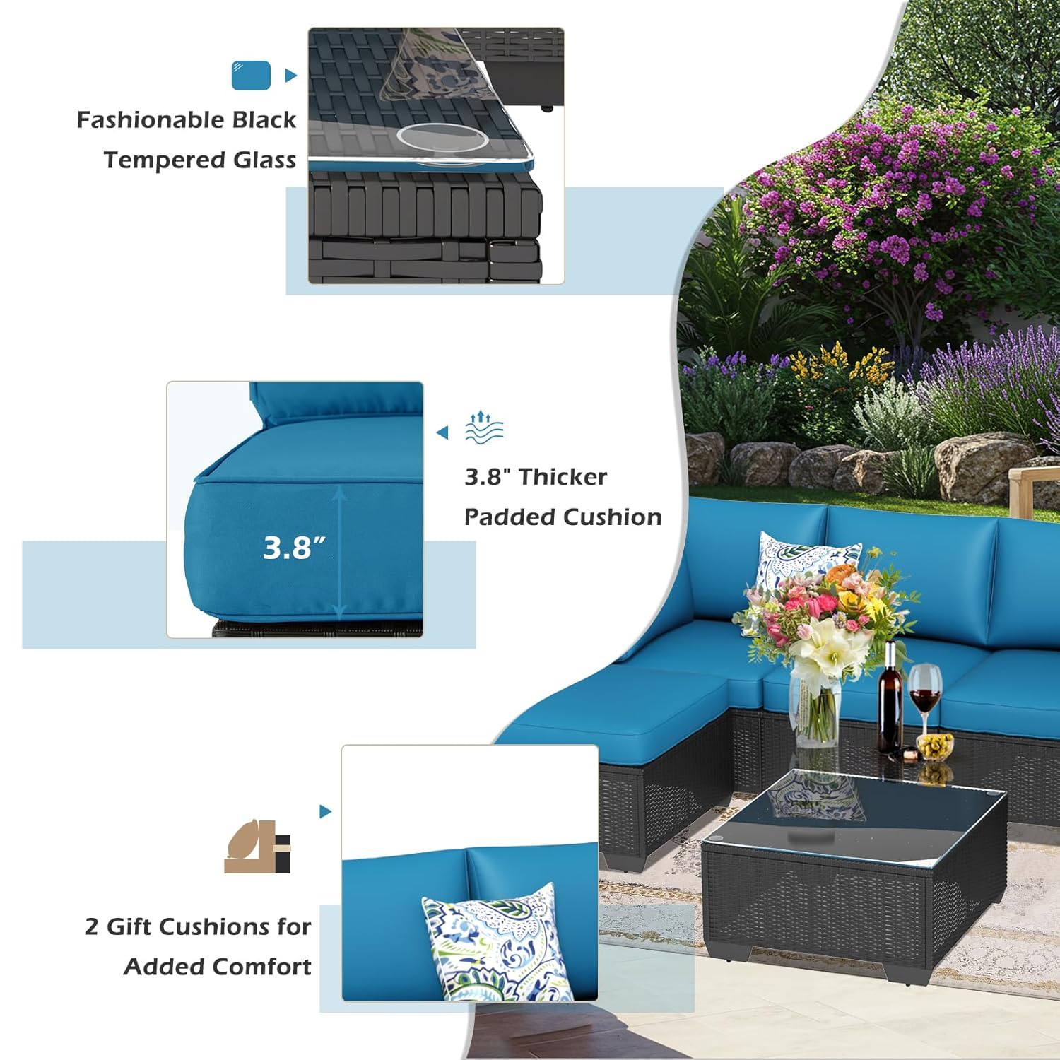 Black Steel Frame 7-Piece Outdoor Sectional Sofa Set with Blue Cushions