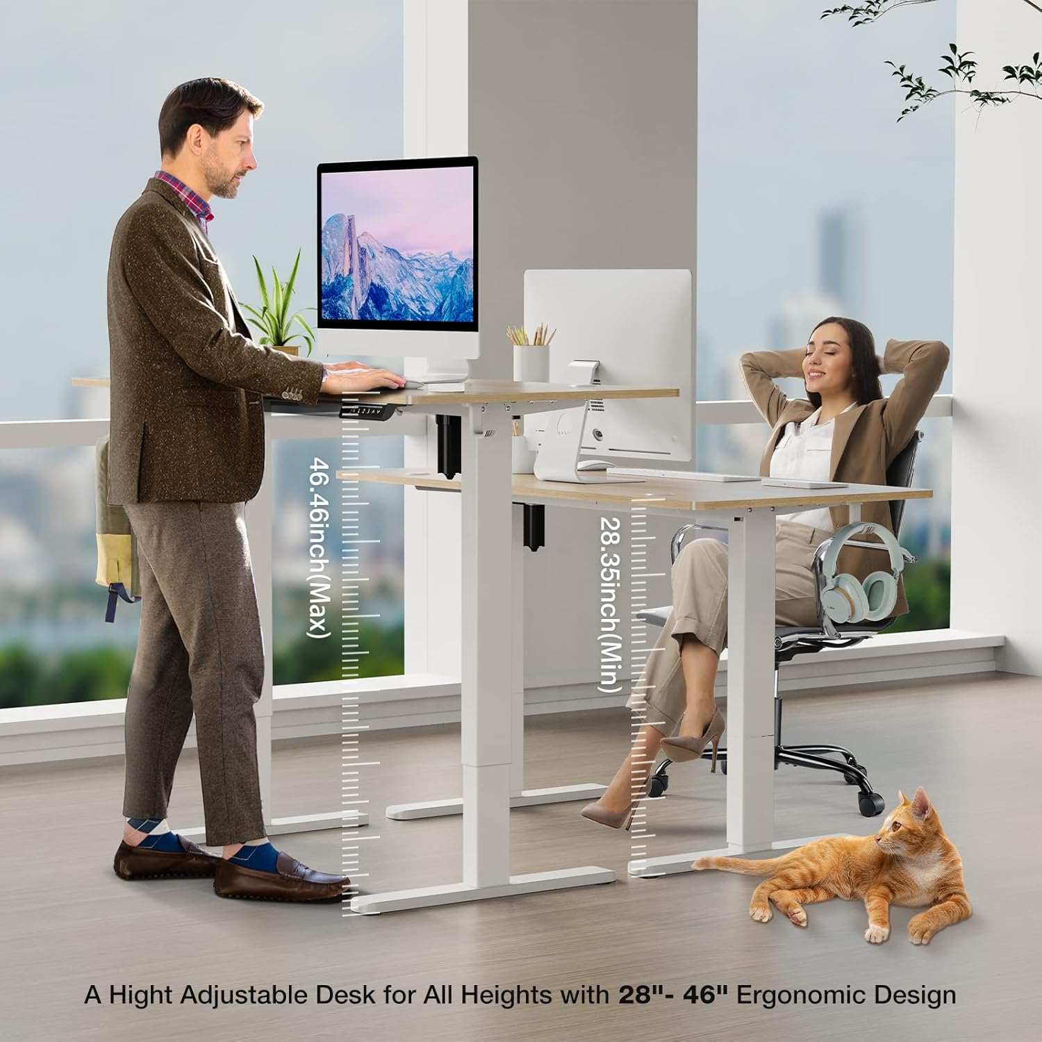 SMUG Standing Desk, 55 x 24 in Electric Height Adjustable Computer Desk Home Office Desks Sit Stand up Desk Computer Table with Memory Controller/Headphone Hook, Natural