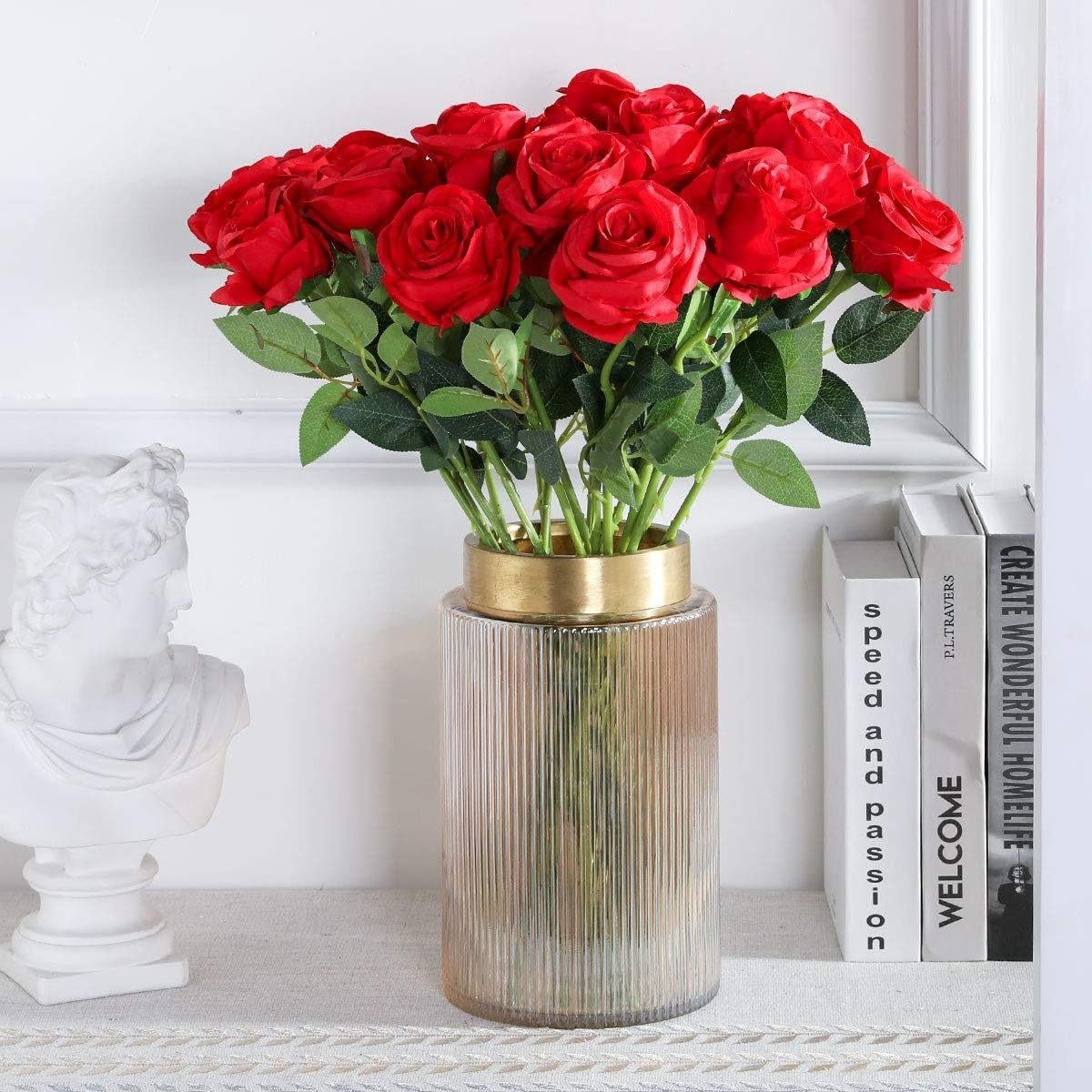 Red Fake Roses Artificial Flowers - 10 Pcs Fake Artificial Roses Silk Flowers with Stems for Home Wedding Hotel Office Centerpiece Decor