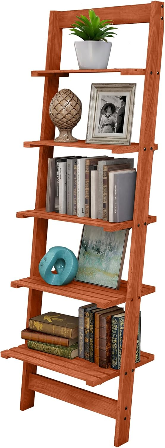 Cherry Painted Wood 5-Tier Leaning Ladder Bookshelf
