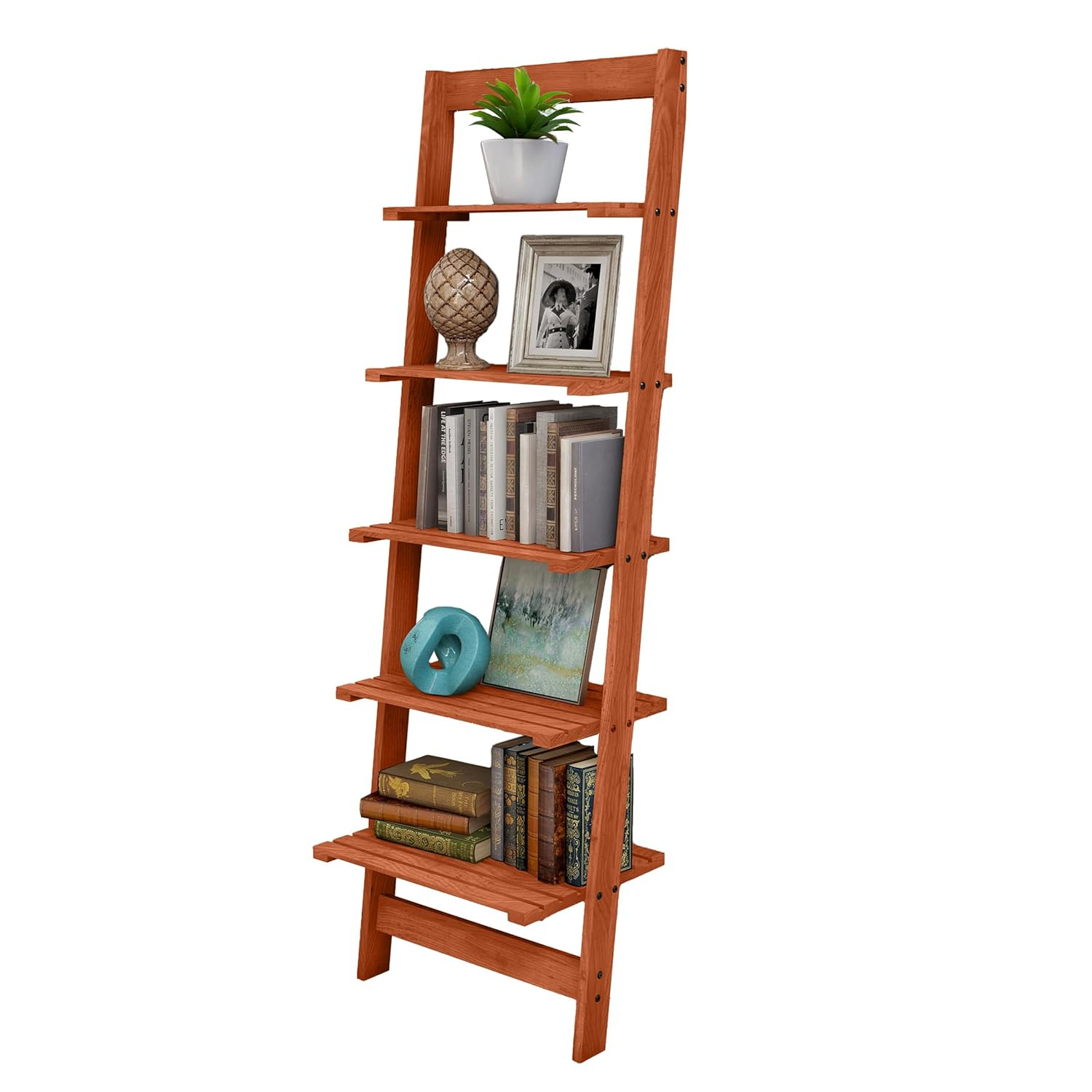 Cherry Painted Wood 5-Tier Leaning Ladder Bookshelf