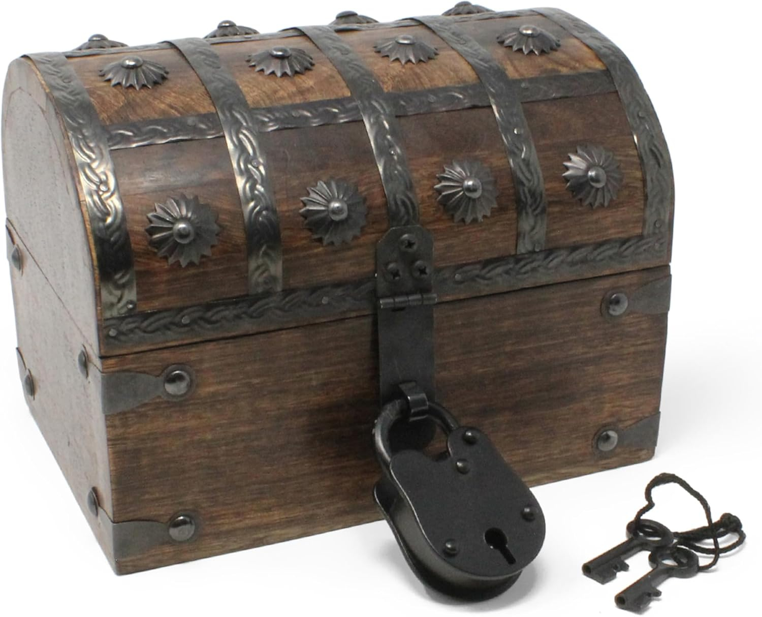 Nautical Cove Wooden Treasure Chest with Padded Velvet Lining and Antique Lock with Skeleton Keys (Small 8x6x6) – Luxury Wood Pirate Chest, Wooden Keepsake Box, Decorative Box with Lid