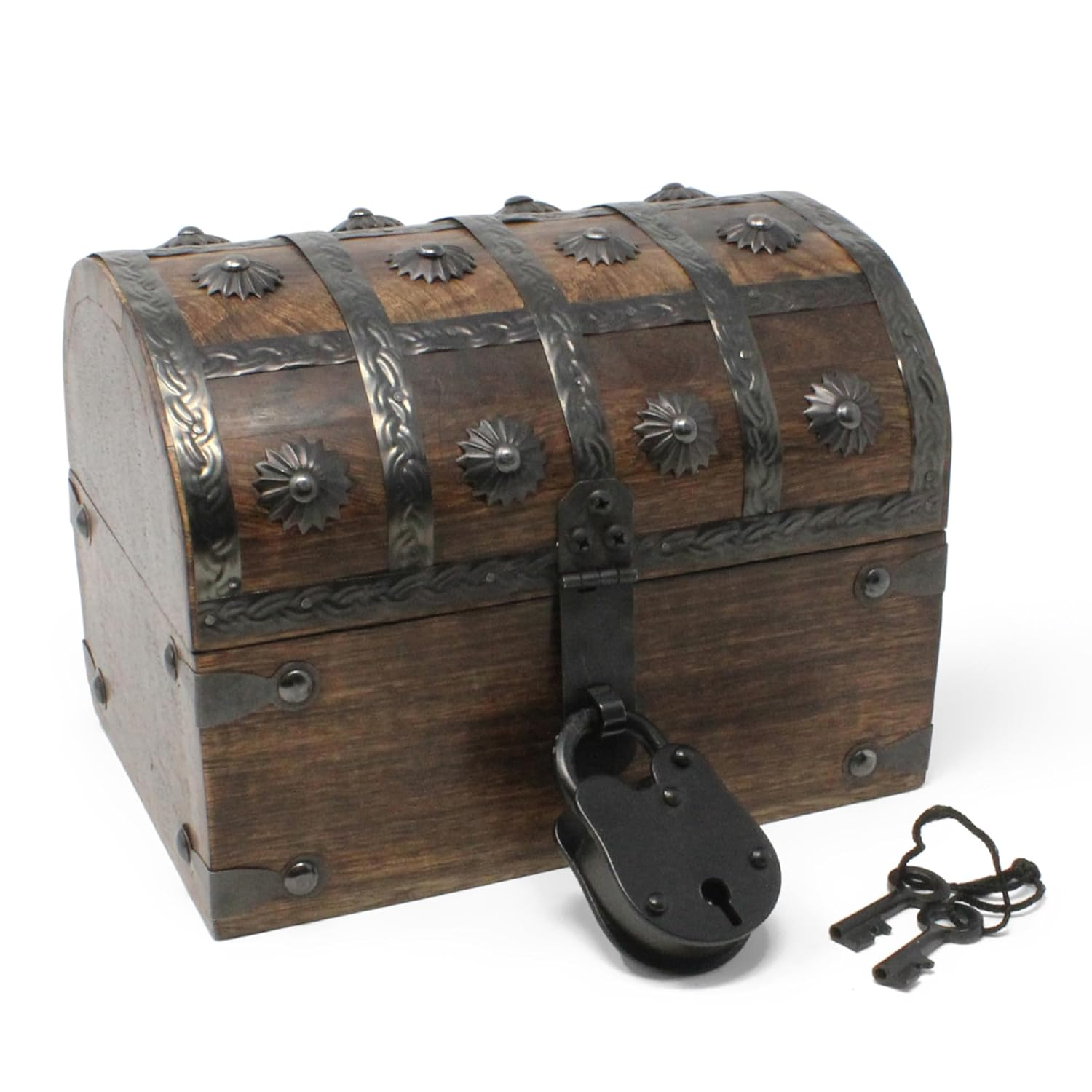 Nautical Cove Wooden Treasure Chest with Padded Velvet Lining and Antique Lock with Skeleton Keys (Small 8x6x6) – Luxury Wood Pirate Chest, Wooden Keepsake Box, Decorative Box with Lid