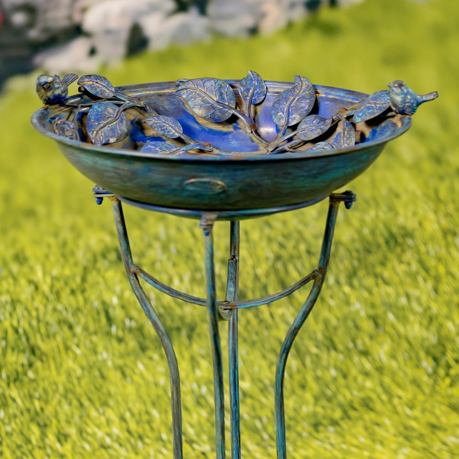 Zaer Ltd. Antique Blue Deep Round Metal Birdbath with Rose and Bird Accents
