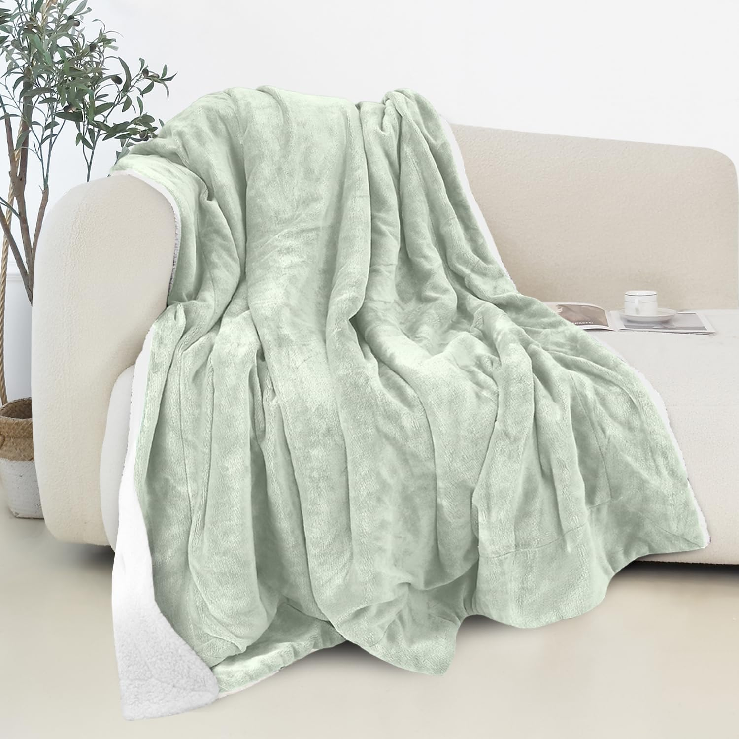 Elegant Comfort Reversible and Plush Flannel Fleece Sherpa Throw- Lightweight Soft and Cozy- All Season Decorative Throw, Perfect for Lounging, 50 x 60 inches, Mint Green
