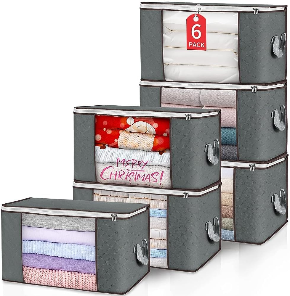 Budding Joy Clothes Storage, Foldable Large Blanket Storage Bags with Zippers, Storage and Organization for Clothing, Comforter, Bedding, Toys, Closet Organizers with Enhanced Handle, 60L 6 Pack Gray