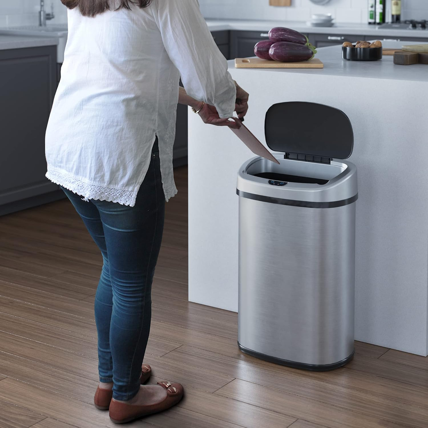 13 Gallon Kitchen Trash Can with Lid and Odor Filter, AC Adapter Included, Motion Sensor Stainless Steel Oval Garbage Bin for Home Office Work Bedroom Living Room Slim Wastebasket