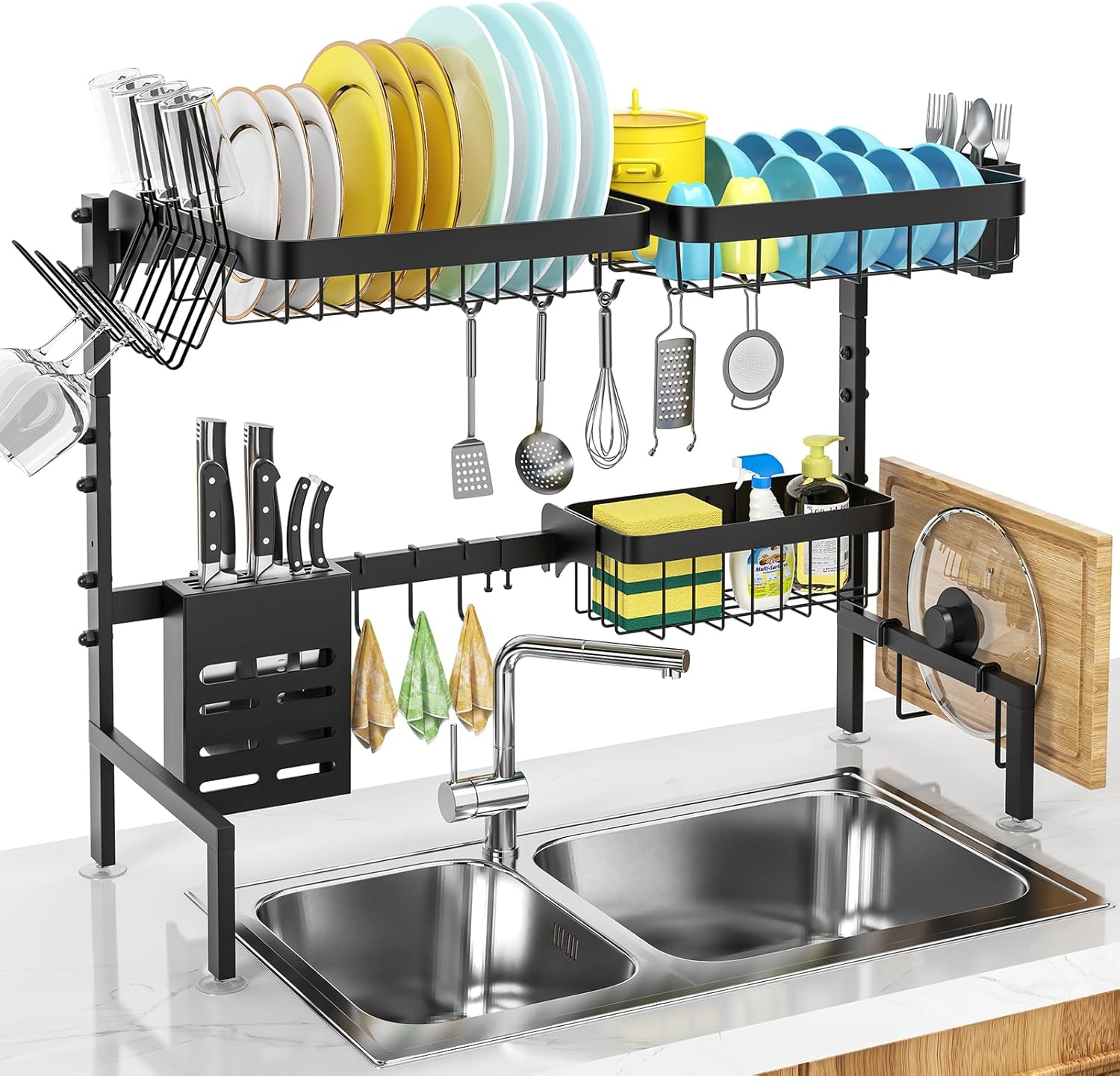 MERRYBOX Large Over The Sink Dish Drying Rack (33.4"-41.3") 2 Tier Length Adjustable Dish Drainer for Kitchen Sink Auto Drainage Space Saving Kitchen Organizer, Black