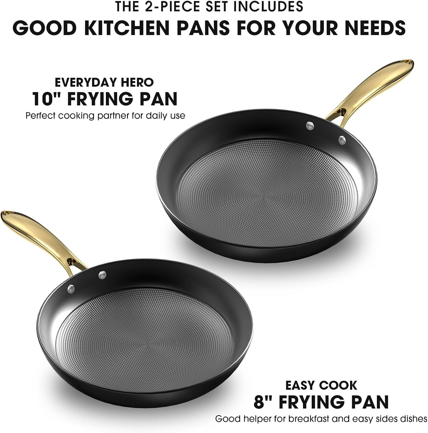 imarku Non Stick Frying Pans, Professional Cast Iron Skillets 2 Pcs - 8 Inch & 10 Inch Frying Pans Nonstick, Honeycomb Long Lasting Frying Pan Set Gold Handle Oven Safe Pan, New Home Essentials