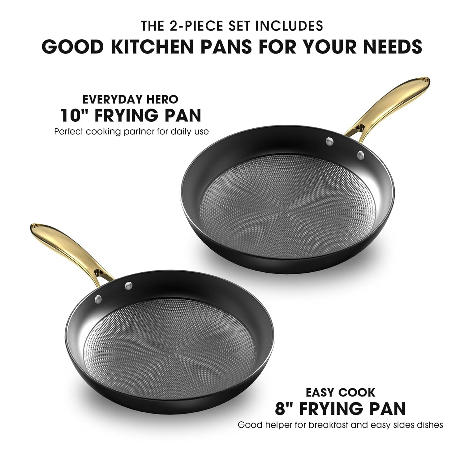 imarku Non Stick Frying Pans, Professional Cast Iron Skillets 2 Pcs - 8 Inch & 10 Inch Frying Pans Nonstick, Honeycomb Long Lasting Frying Pan Set Gold Handle Oven Safe Pan, New Home Essentials