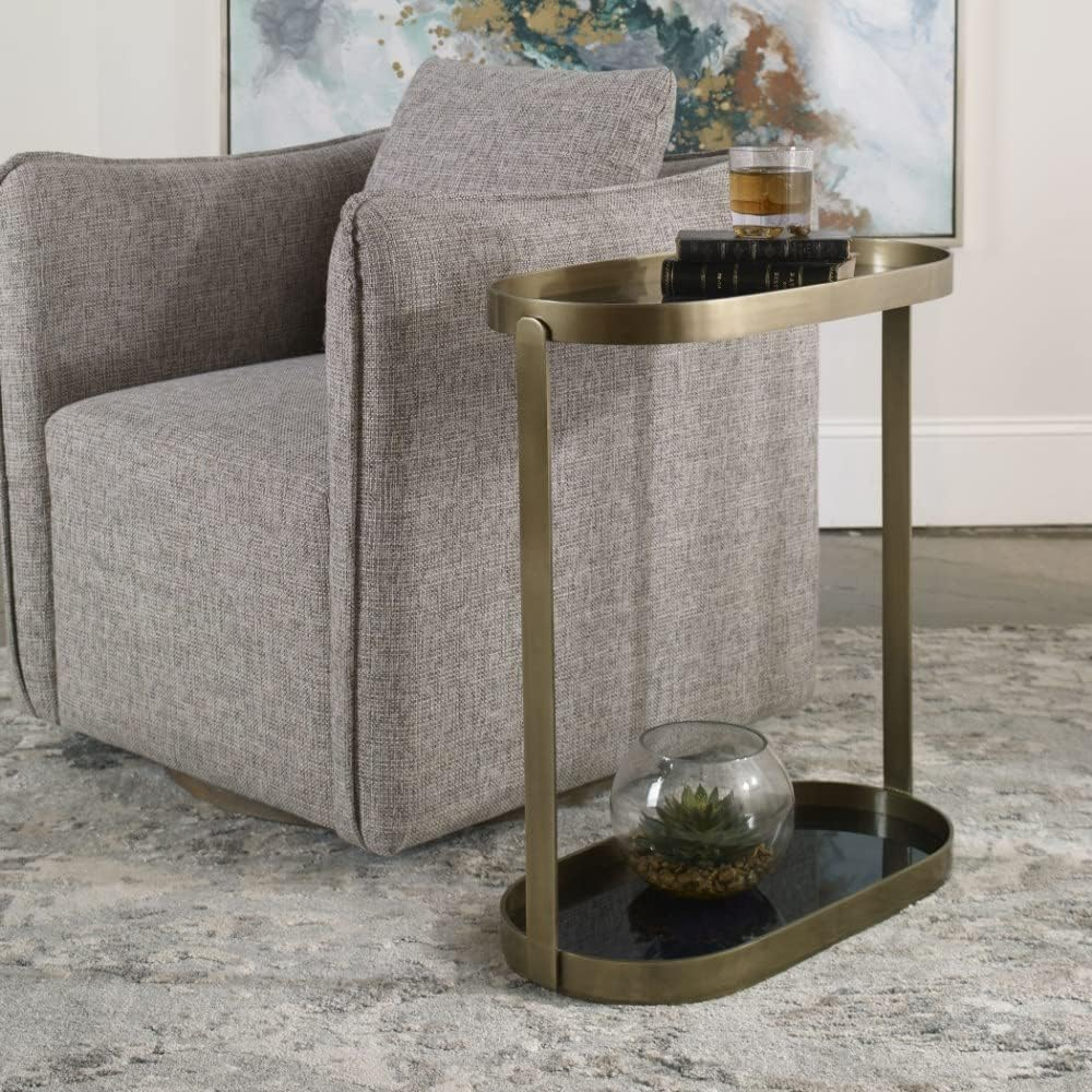 Adia Black and Gold Oval Metal and Glass Side Table