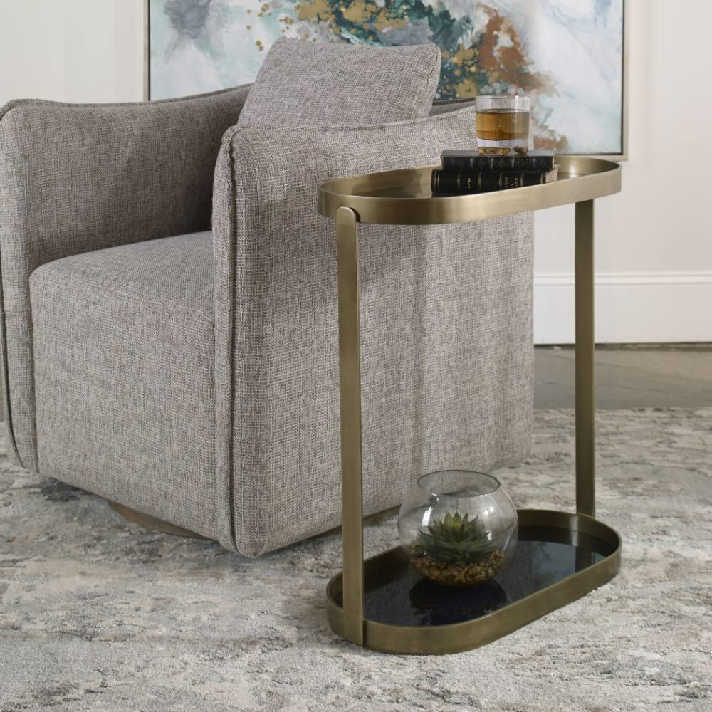 Adia Black and Gold Oval Metal and Glass Side Table